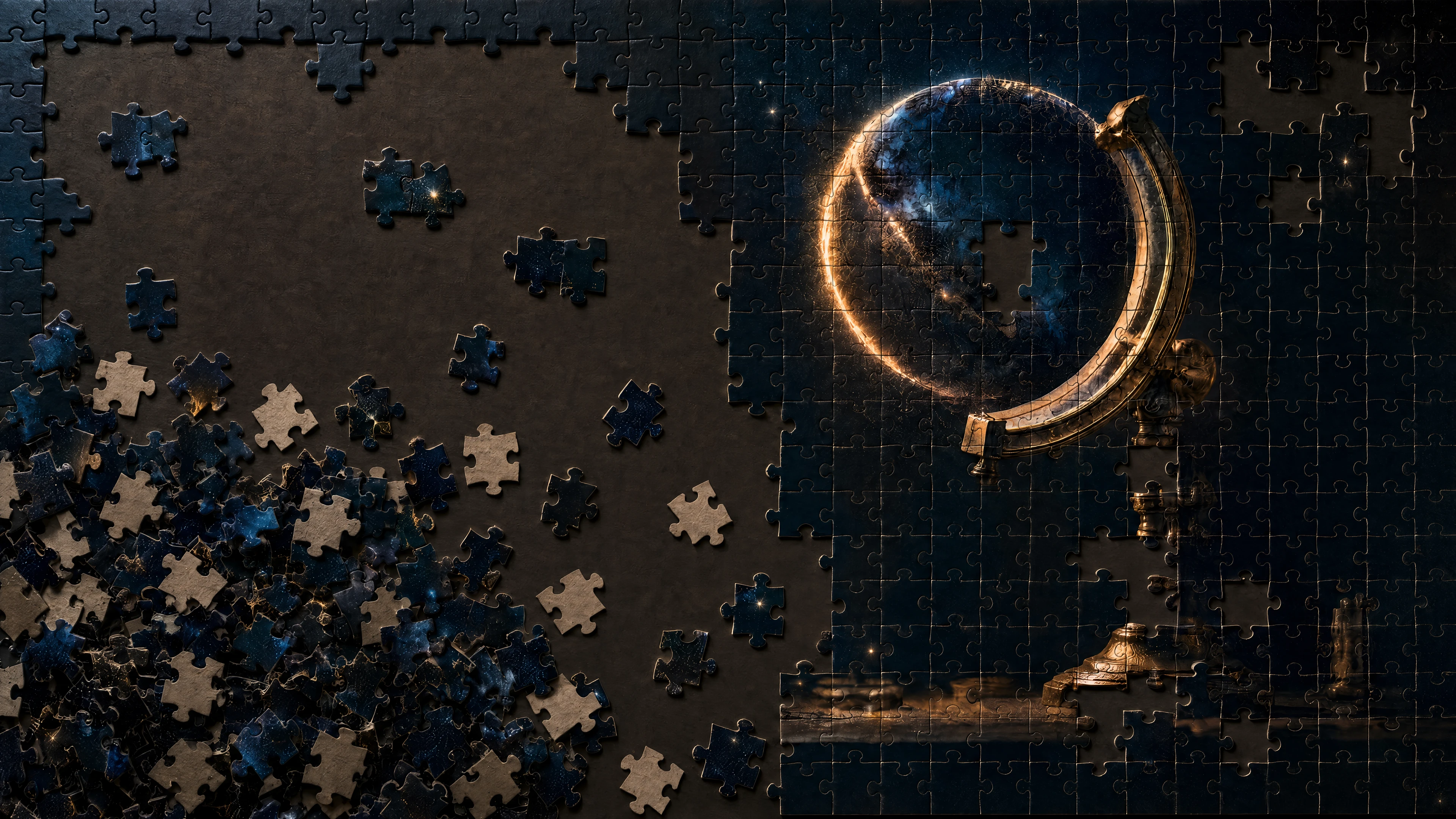 A partly assembled jigsaw reveals a globe, illustrating discovery through a more complete picture.