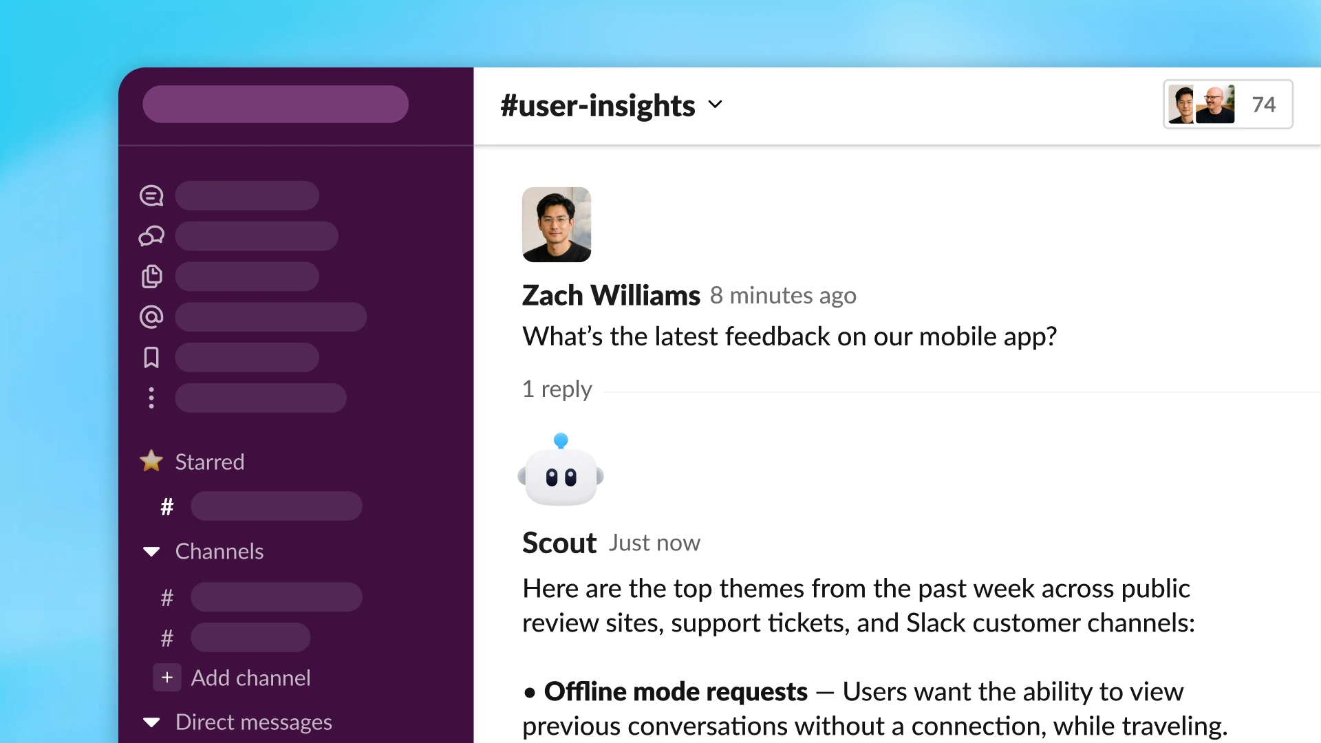 Mockup di uno spazio di lavoro Slack in cui un compagno di squadra chiede il feedback più recente su un'app mobile, e un agente AI chiamato Sola il Product Feedback Router risponde con riepiloghi delle intuizioni degli utenti.