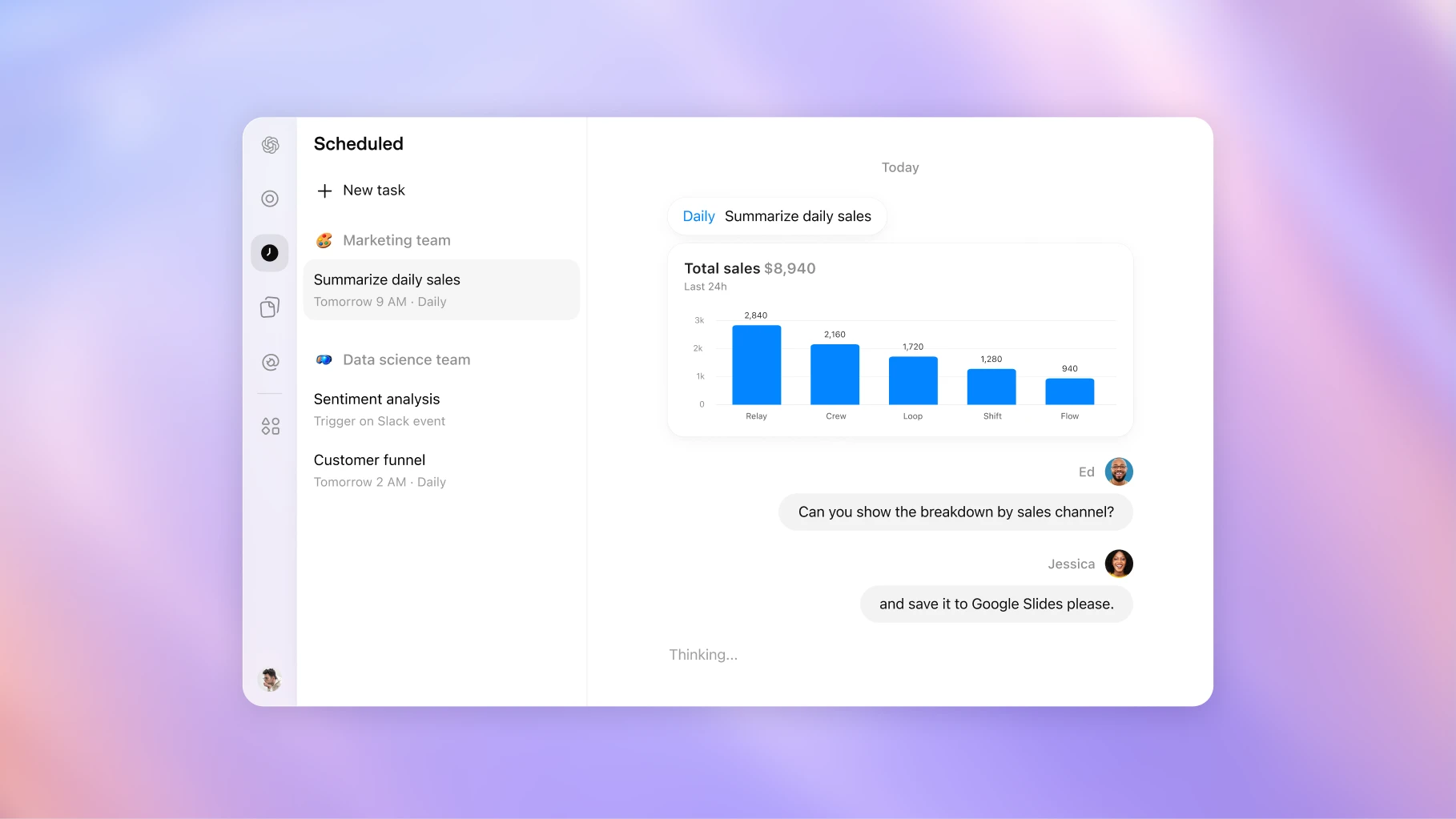 Schedule a team task interface with team selection.