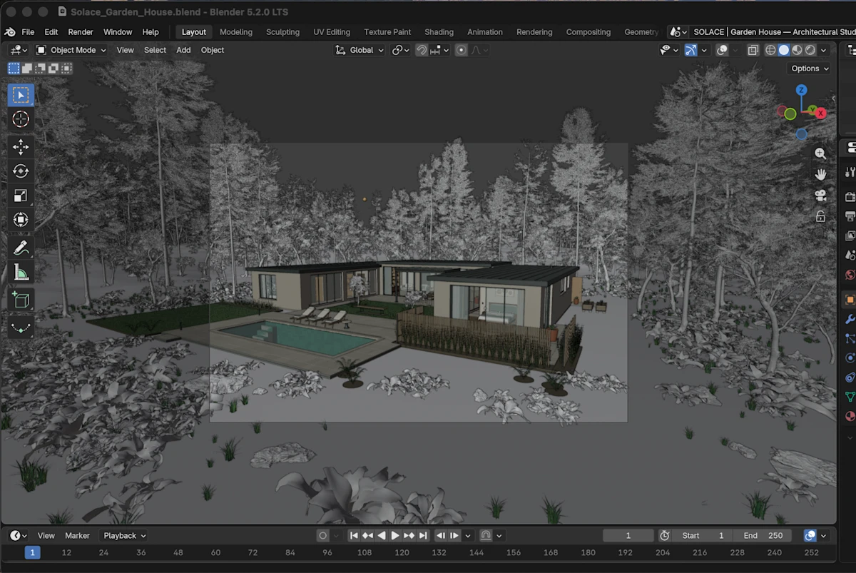 OpenAI 官方 Blender 房屋模型與庭院展示