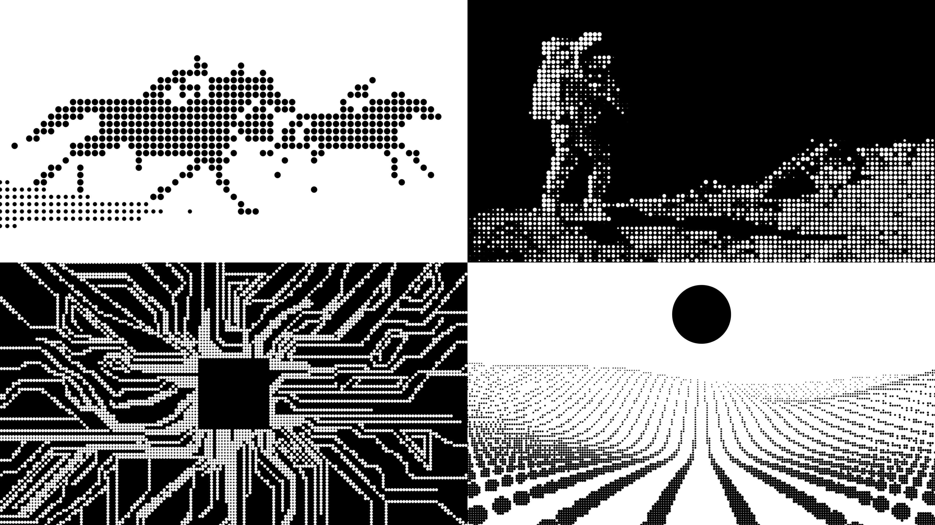 Black-and-white compilation image with four quadrants: top-left shows galloping horses made of dots; top-right depicts an astronaut on the moon; bottom-left features a circuit board pattern; bottom-right displays a dotted landscape with a black sun.