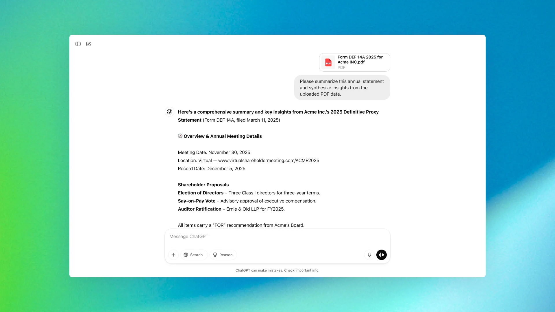 ChatGPT interface summarizing a company’s 2025 proxy statement PDF, displaying meeting details and shareholder proposals on a white background with a green-to-blue gradient border.