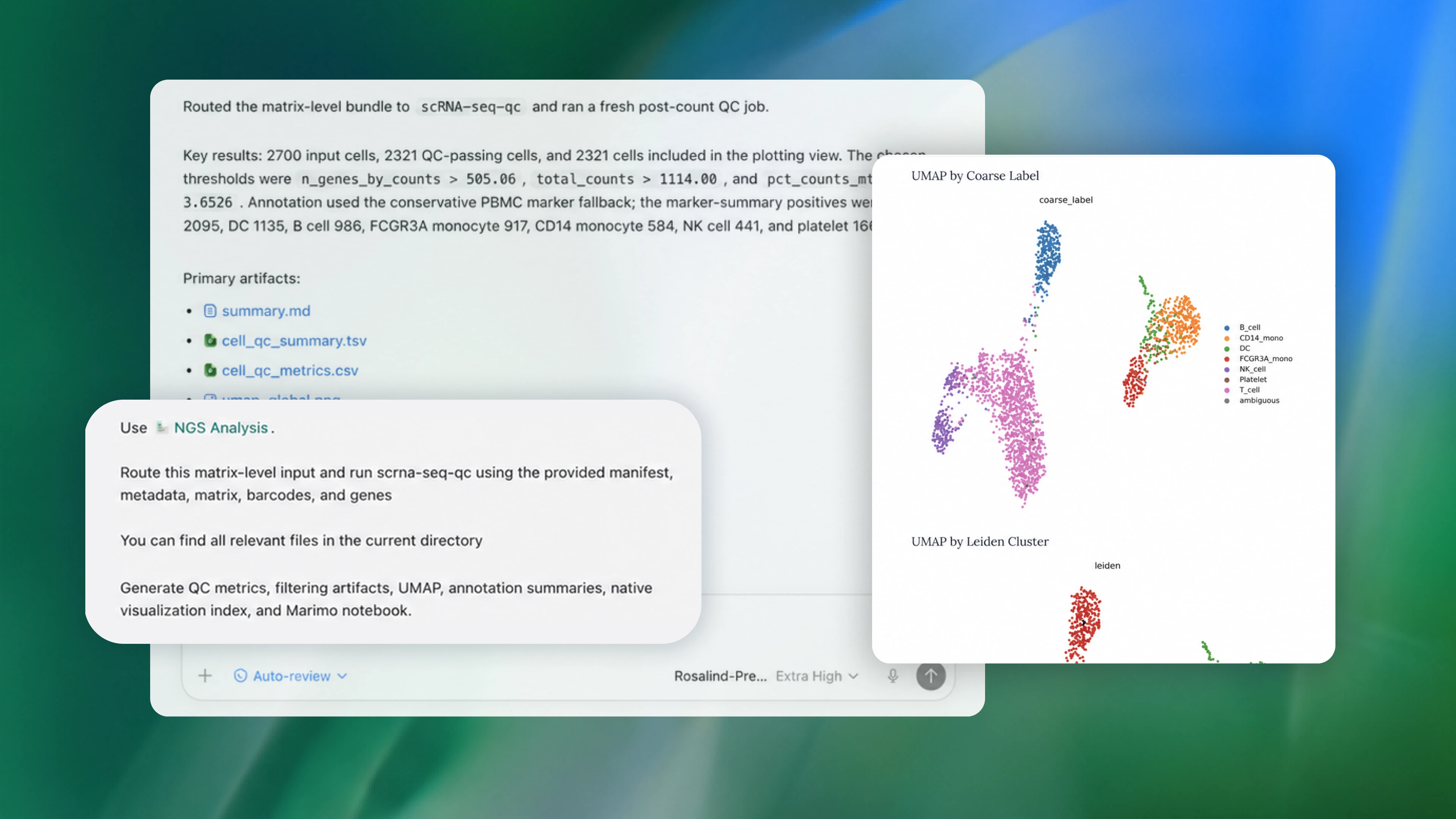 A computer screen showing a software interface for single-cell RNA sequencing quality control. It includes text instructions, a summary of cell input and filtering results, a list of data files, and two colored UMAP scatter plots displaying cell clusters by coarse label and Leiden cluster.
