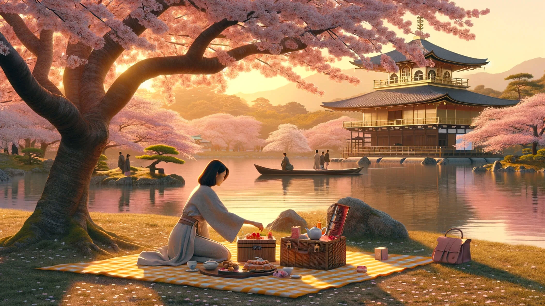 A woman underneath a cherry blossom tree is setting up a picnic on a yellow checkered blanket around sunset. Behind her, a small, calm body of water containing a boat with 4 figures on their way to a Pagoda in the middle of the water. 