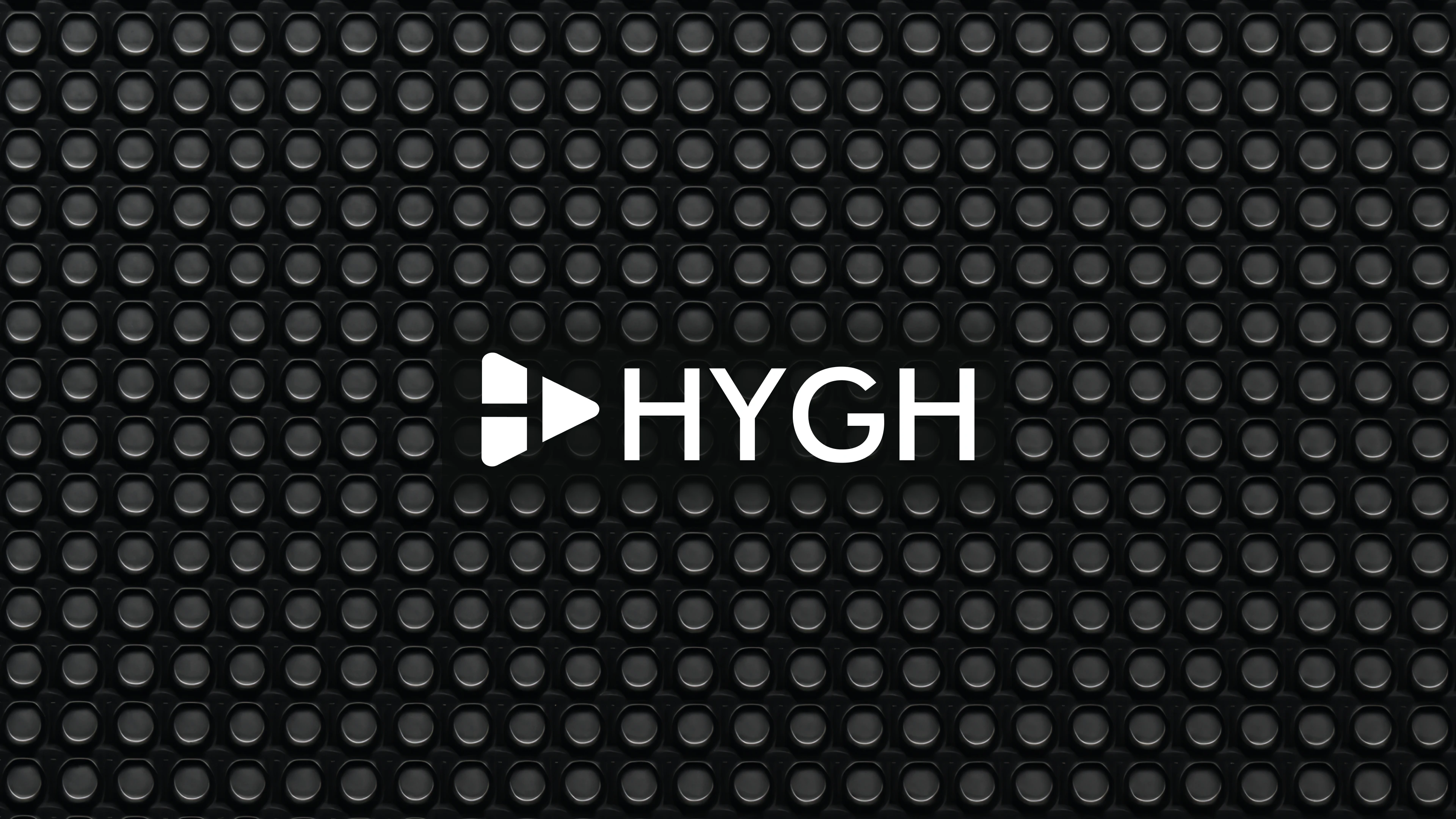 The HYGH logo displayed on a dark, grid-like background of rounded black tiles. The logo consists of a white play-style triangle icon next to the word “HYGH” in bold, white capital letters.