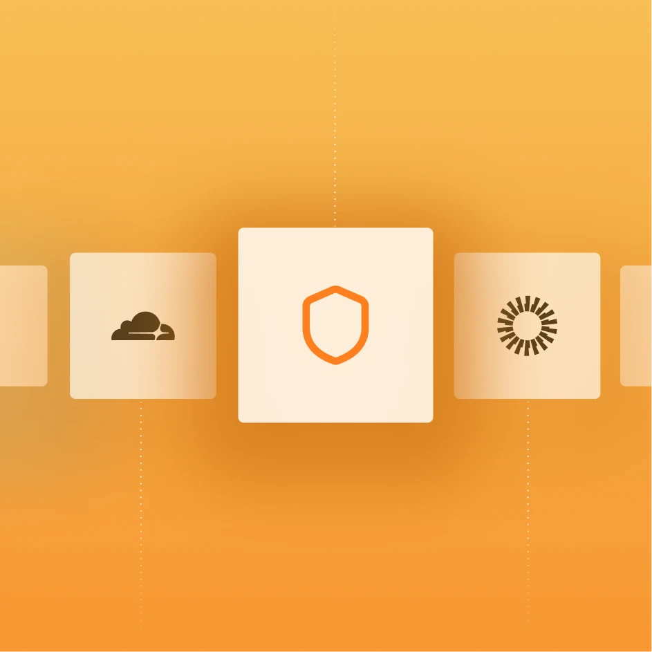 Orange gradient graphic showing partner and security icons connected by dotted lines.