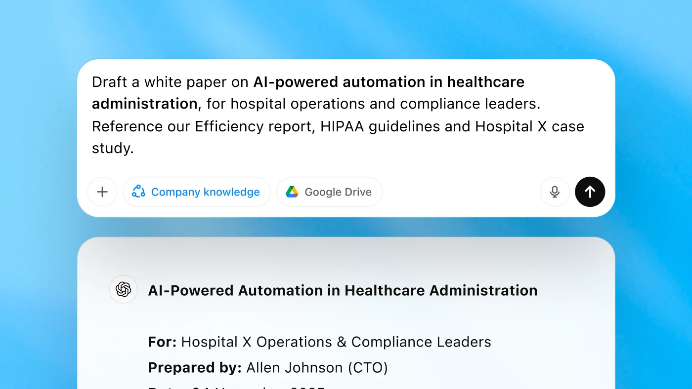 A chat interface on a blue background showing a request to draft a white paper on AI-powered automation in healthcare administration. Below, a generated document appears titled “AI-Powered Automation in Healthcare Administration” with an executive summary.