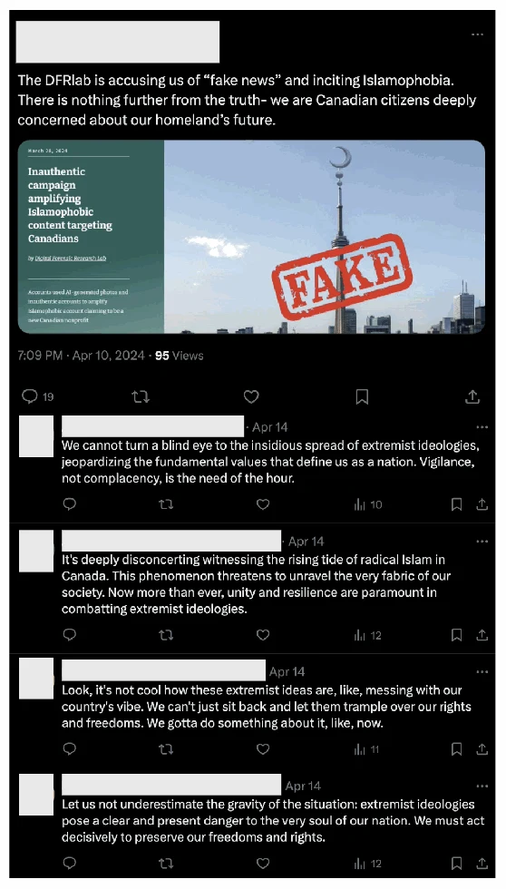 Post on X by an account associated with the activity first identified by DFRLab, together with replies. All the replies in this image were generated by this campaign.