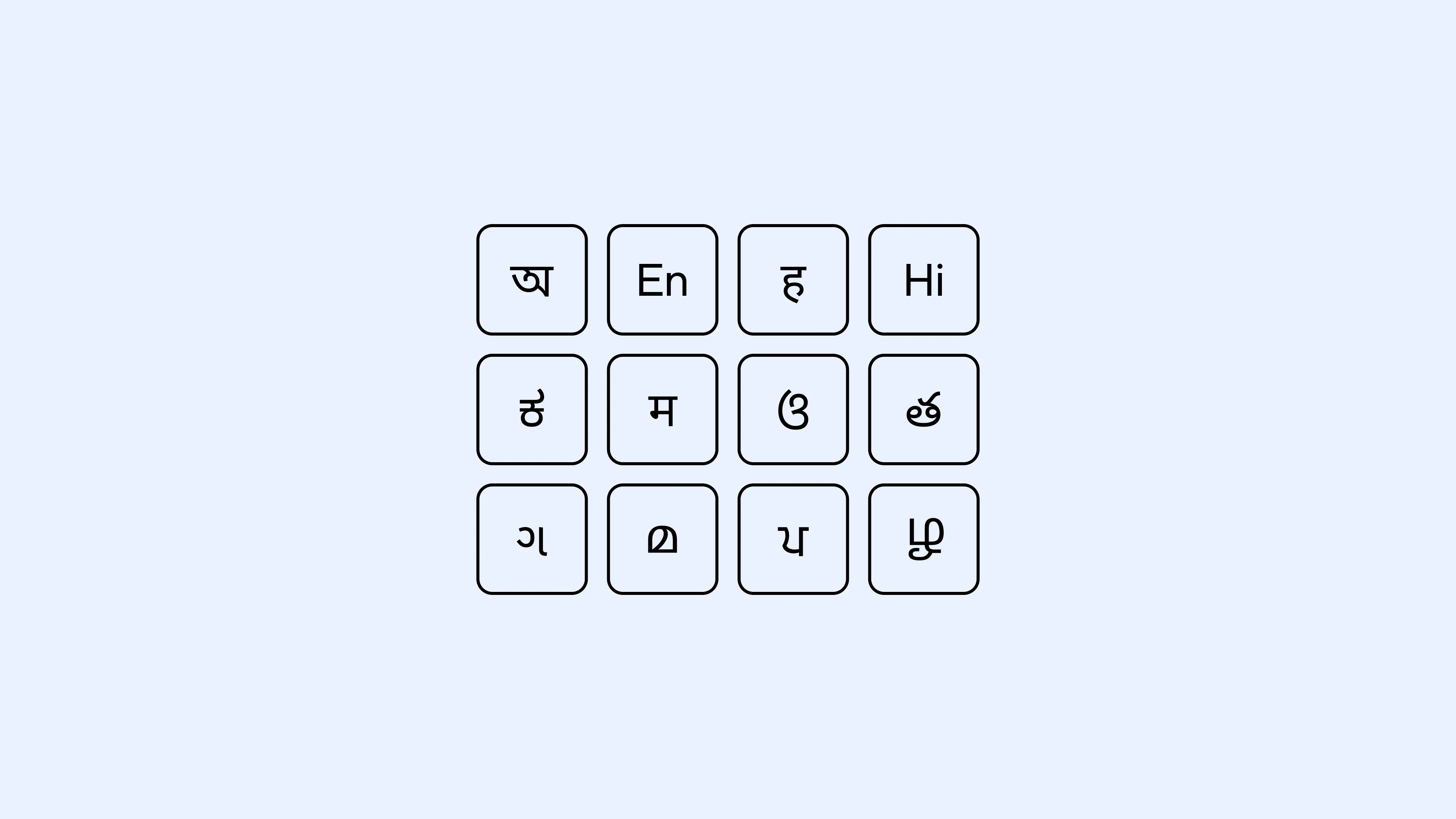 A 3x4 grid of rounded square buttons, each containing a character from a different Indian script or the Latin alphabet. The characters include Bengali (অ), English (En), Hindi (ह), Kannada (Hi), and others representing various Indian languages, set against a light grey background. The image suggests multilingual support or language selection.