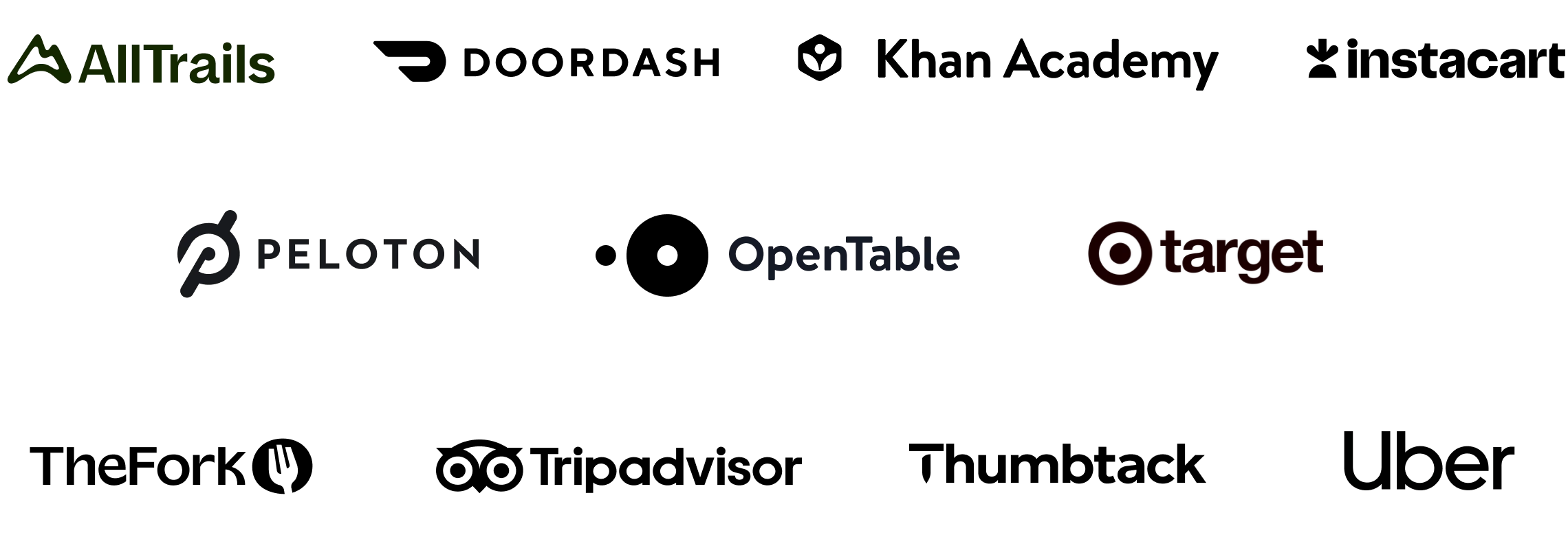 Image showing a horizontal lineup of brand logos on a white background, including AllTrails, Peloton, OpenTable, Target, theFork, Uber, and others, representing companies with upcoming app integrations.