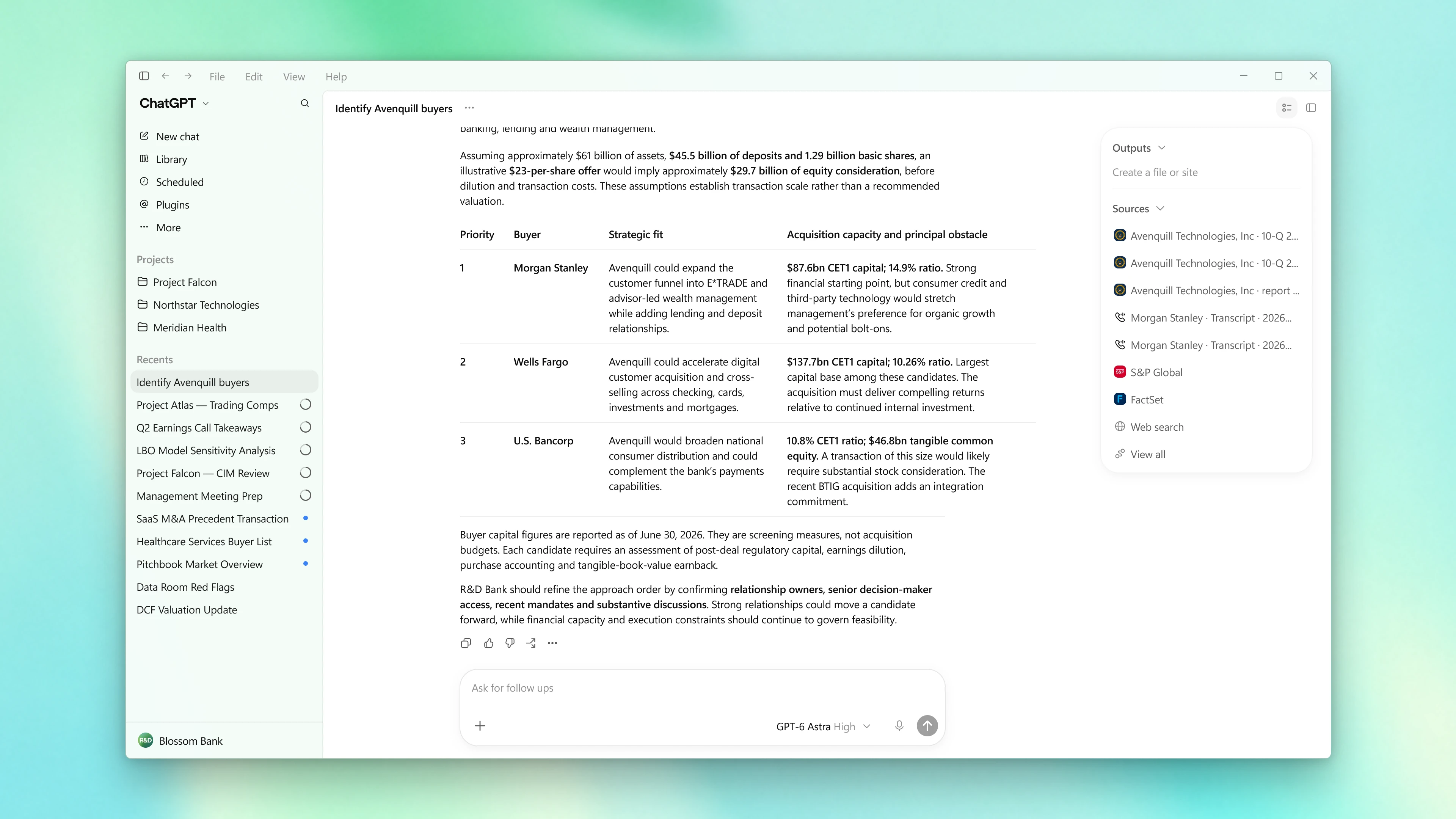 Product screen showing buyer screening in ChatGPT for Financial Services.