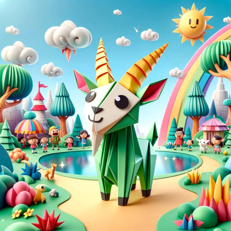 A bright, colorful scene foused on a papercraft goat standing infront of a small pond. There are trees, castles, a rainbow, and other creatures behind the goat, also depicted as papercraft.