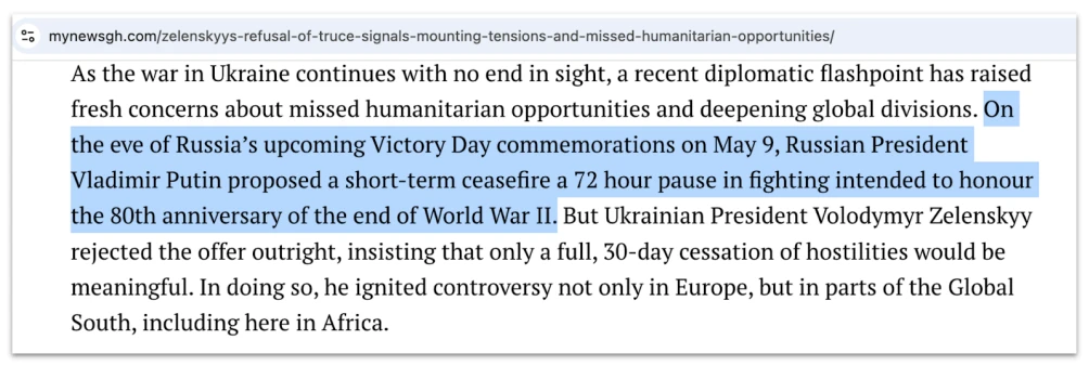 Screenshot of an article paragraph with highlighted text about a proposed ceasefire.