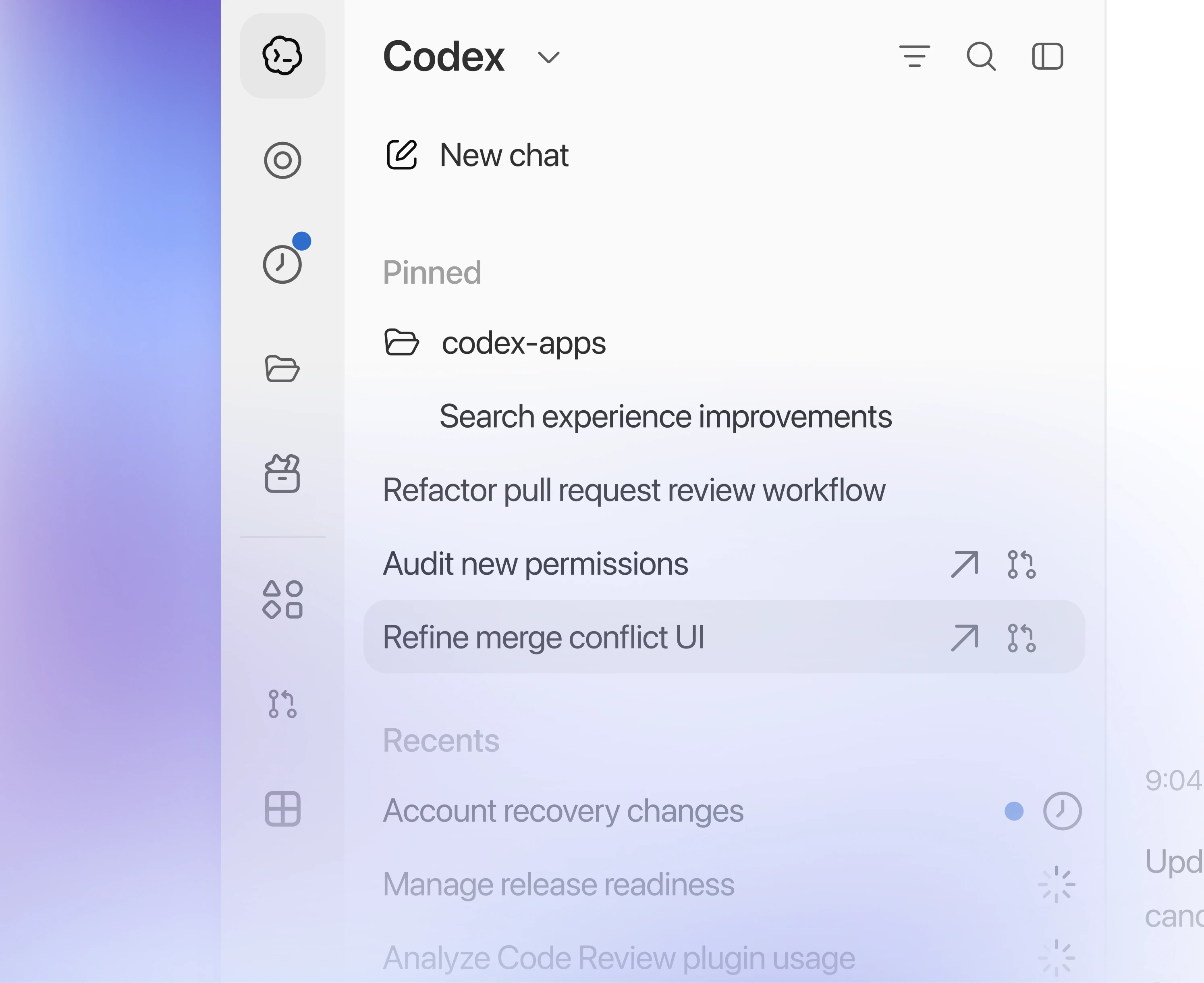 Codex desktop app sidebar showing pinned and recent coding tasks.