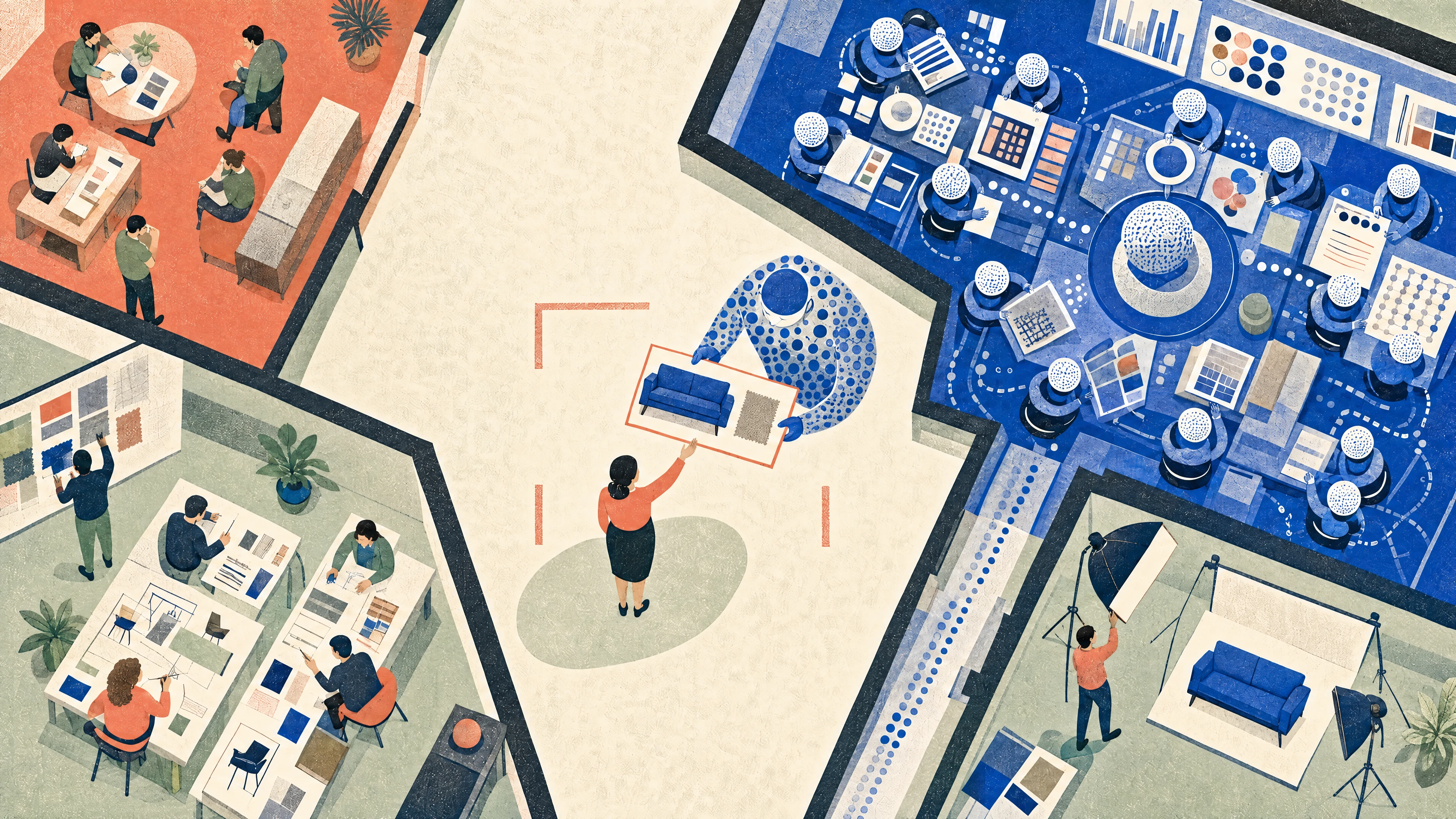 Image 5: A manager directs a blue AI marketing team alongside human teams in adjacent workspaces.