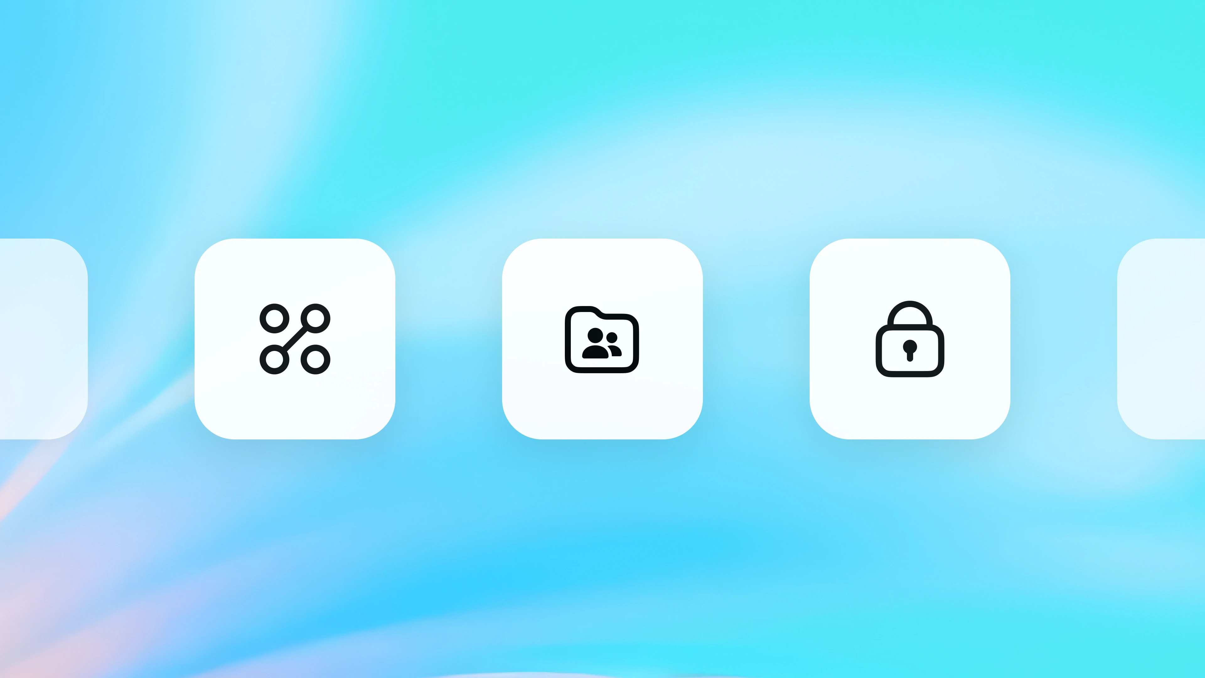 Minimalist UI icons representing sharing, user folders, and security (padlock), set against a soft blue gradient background。