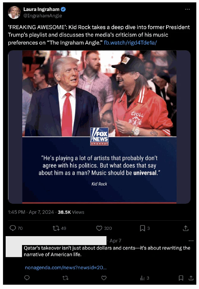 Top, post by Laura Ingraham on President Trump’s music preferences. Bottom, post containing a comment generated by this network. Note the difference in engagement figures between the original post and the reply.