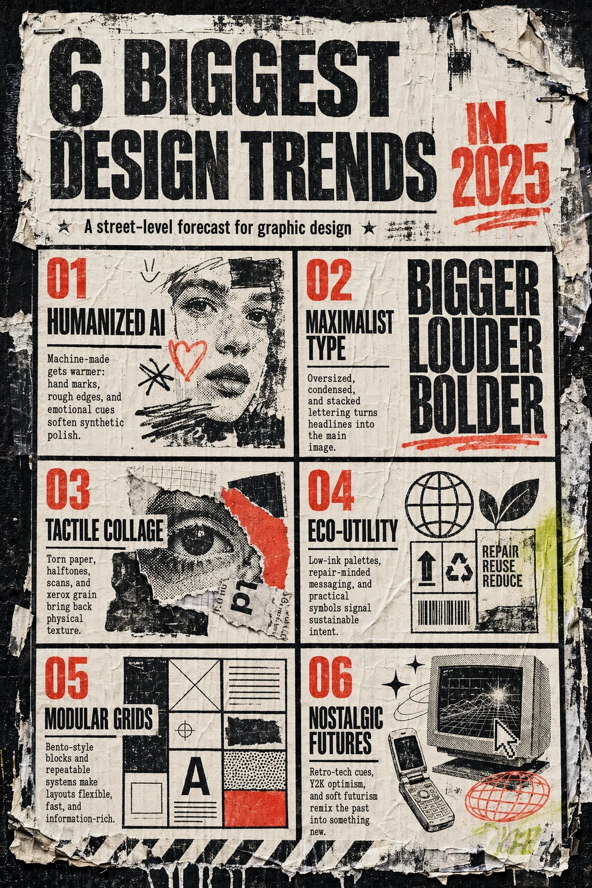 Generated with ChatGPT Images 2.0, this gritty street-poster infographic reimagines 2025 design trends through an urban editorial lens, featuring Humanized AI, Maximalist Type, Tactile Collage, Eco-Utility, Modular Grids, and Nostalgic Futures with distressed textures, bold typography, torn-paper layering, and raw analog energy.