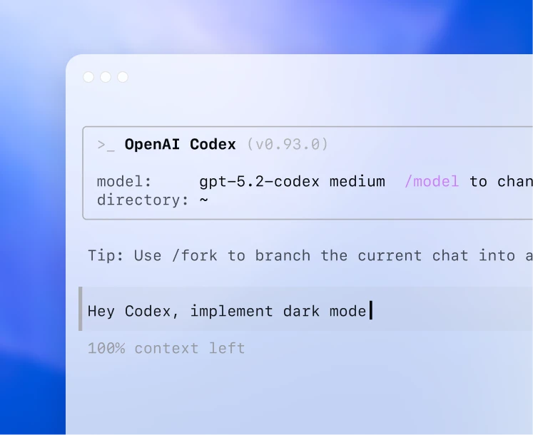 Terminal-style interface showing OpenAI Codex (v0.91.0) with the model set to “gpt-5.2-codex medium.” A prompt reads “Hey Codex, implement dark mode,” indicating a developer asking Codex to modify code via the command line.
