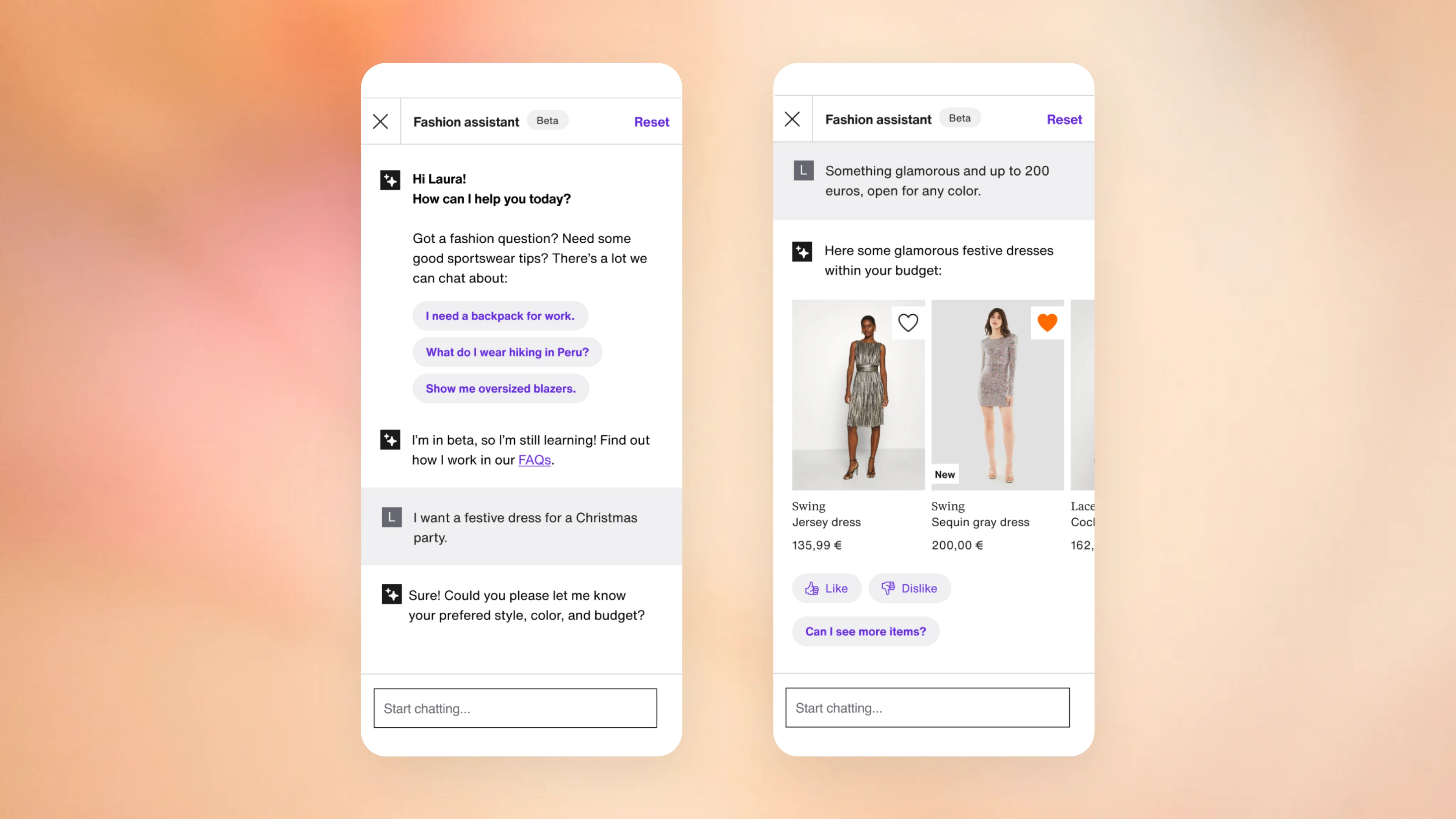 A beta "Fashion Assistant" chatbot suggests fashion items like festive dresses based on user preferences, with chat prompts, item images, prices, and feedback options.