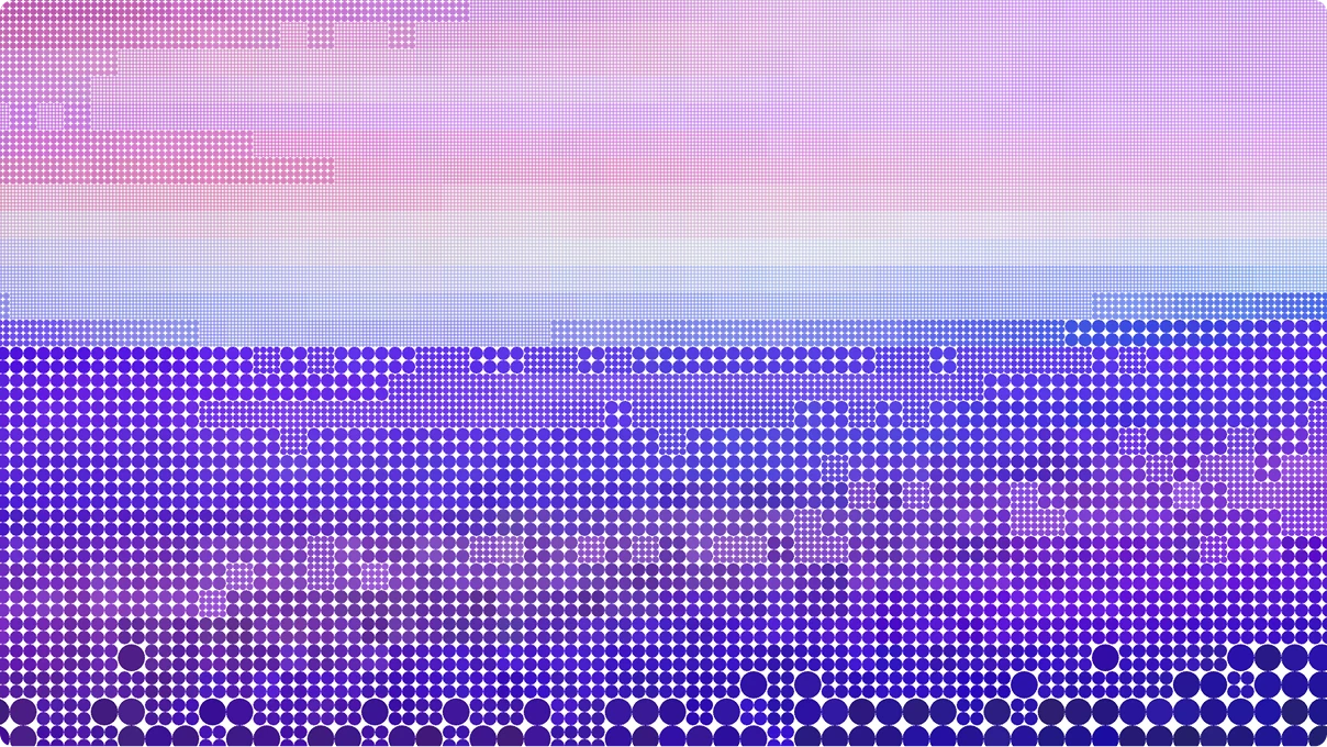 Decorative abstract image composed of densely packed circular dots forming a gradient from purple and blue at the bottom to pink at the top, creating a stylized, textured background.