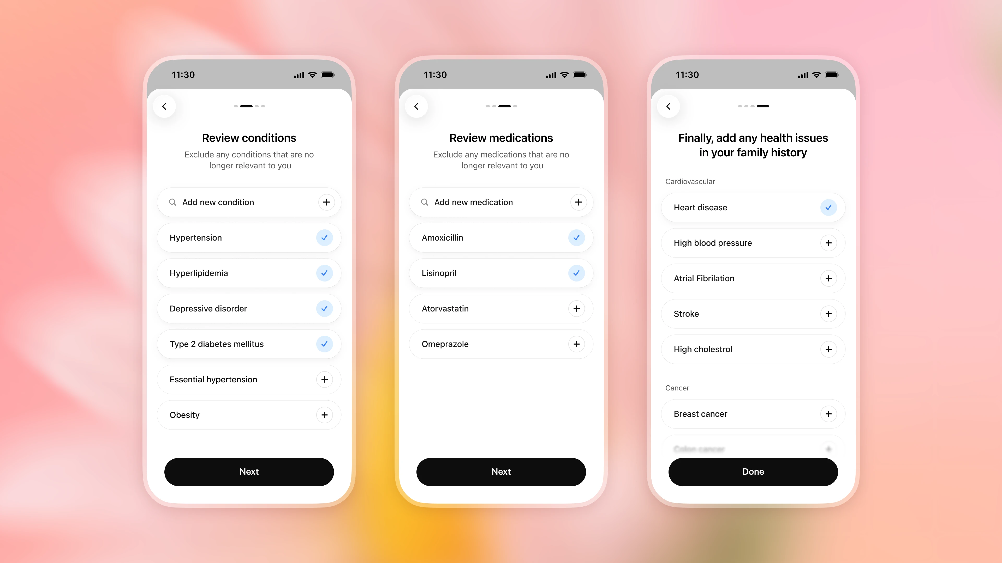 Three mobile phone mockups showing setup screens for reviewing medical conditions, reviewing medications, and adding health issues from family history.