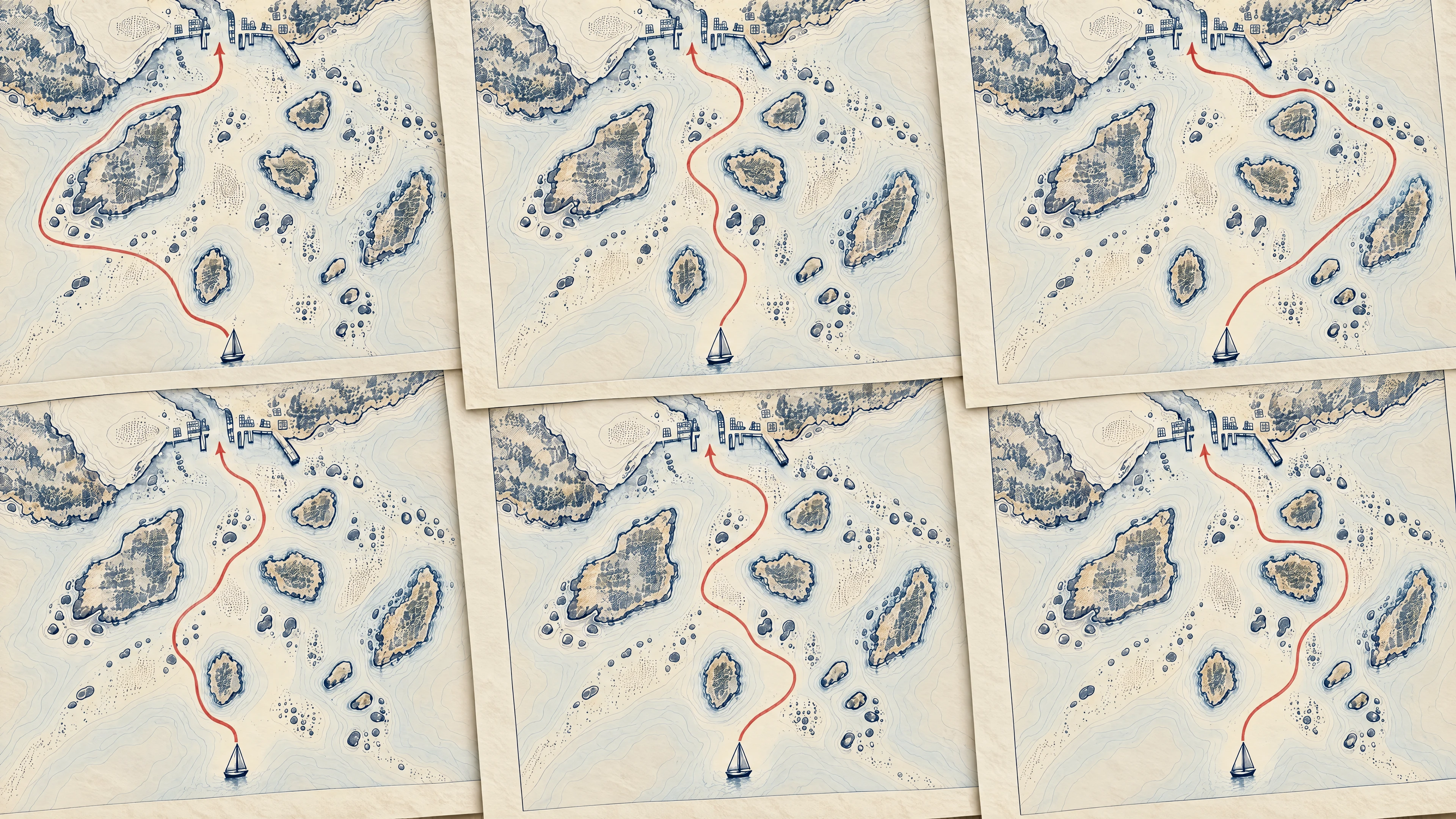 Image 11: Six maps show different routes across the same landscape.