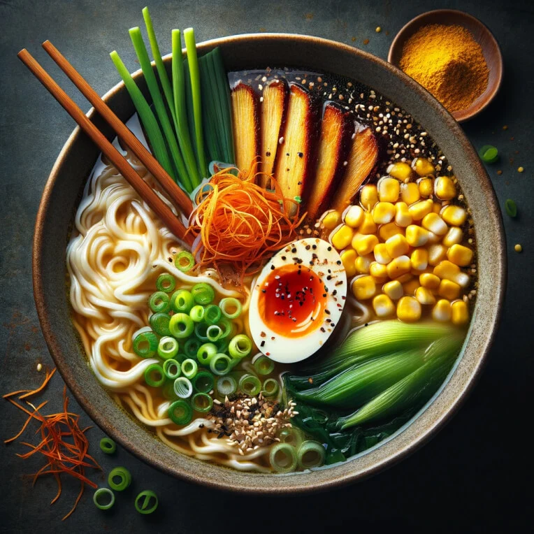 A realistic bowl of ramen full of many toppings, including a soft boiled egg, vegetables, and meat.