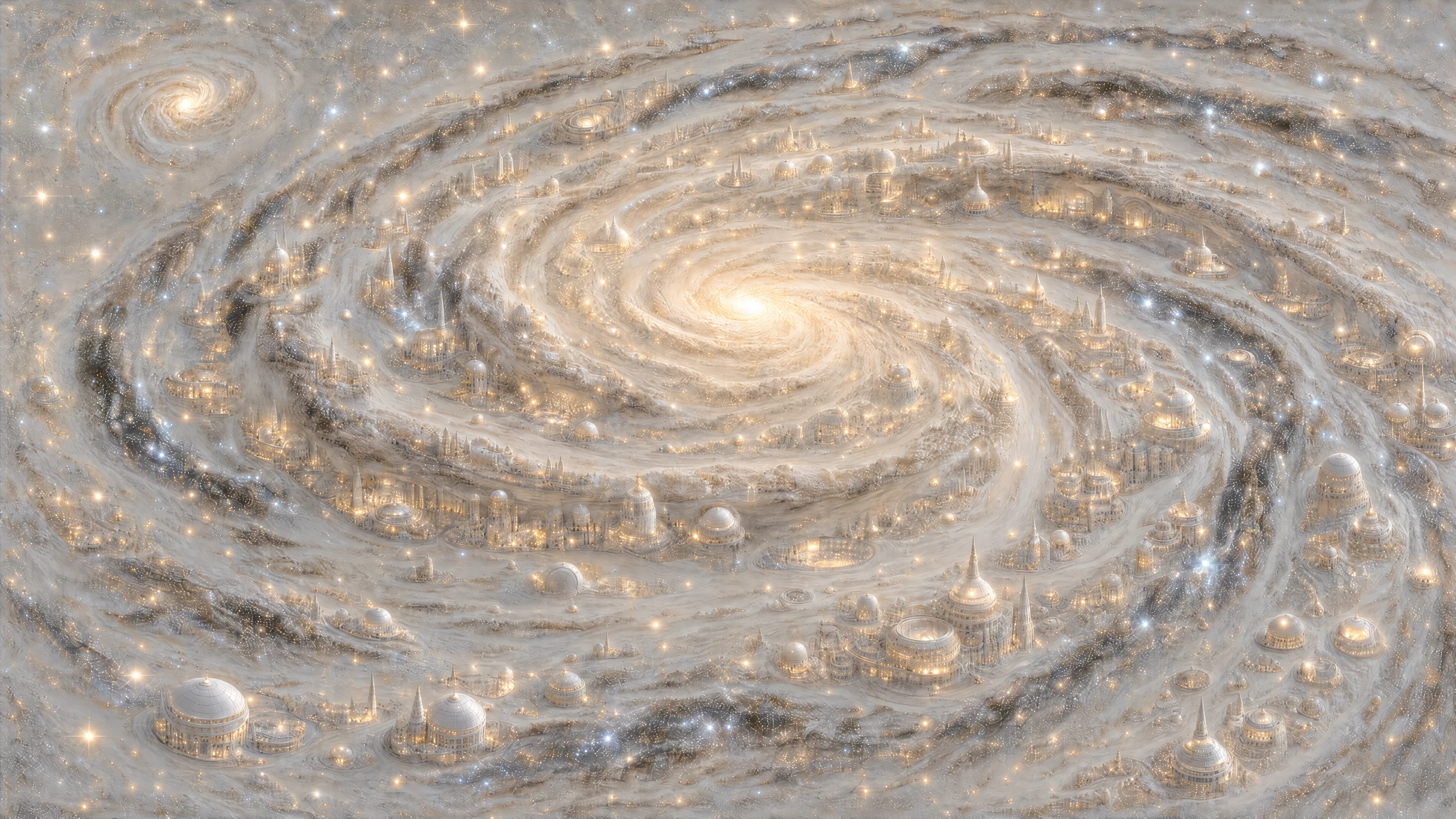 An illuminated spiral galaxy filled with domed settlements illustrates a civilization of width.