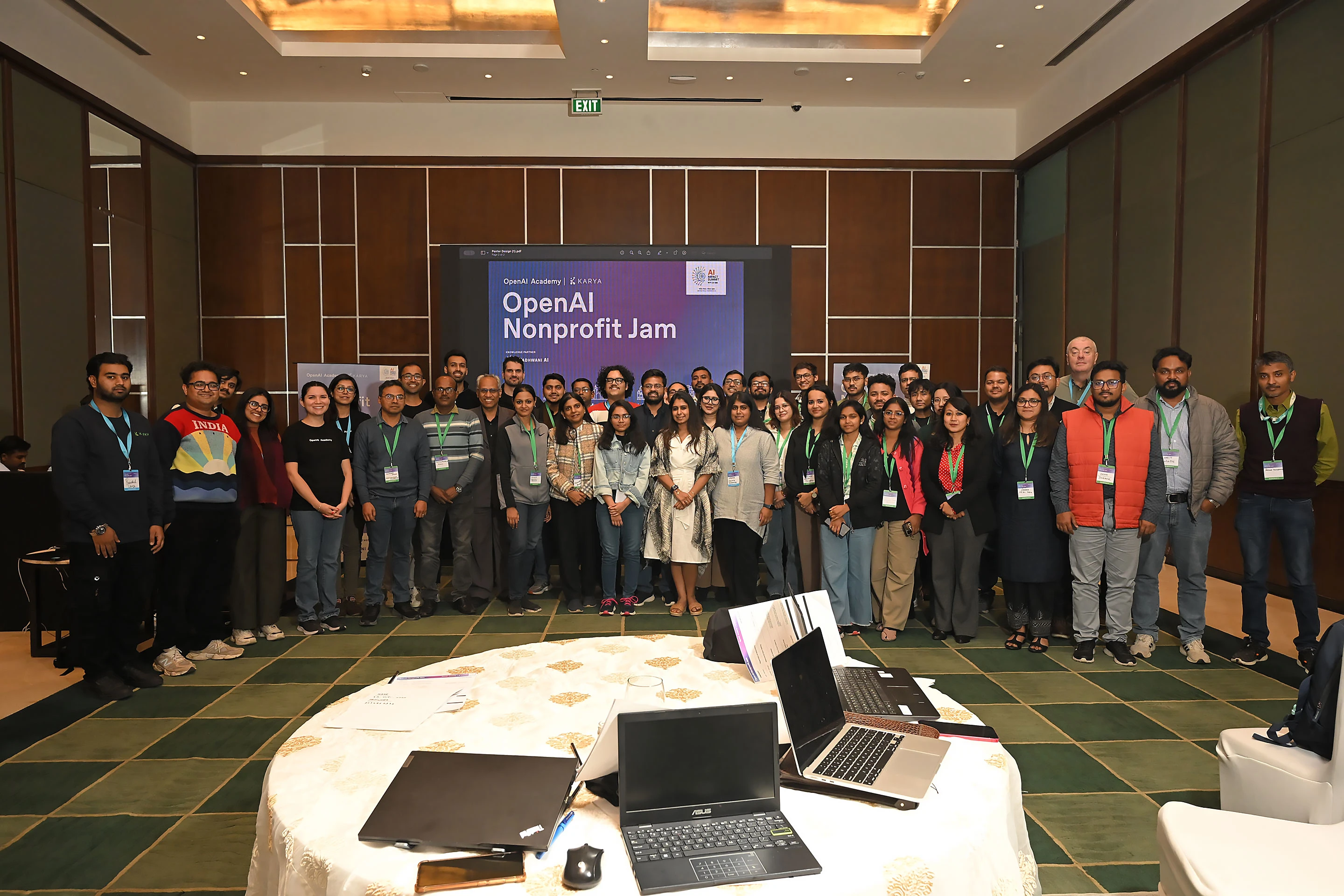 Participants pose for a group photo at an OpenAI Nonprofit Jam.