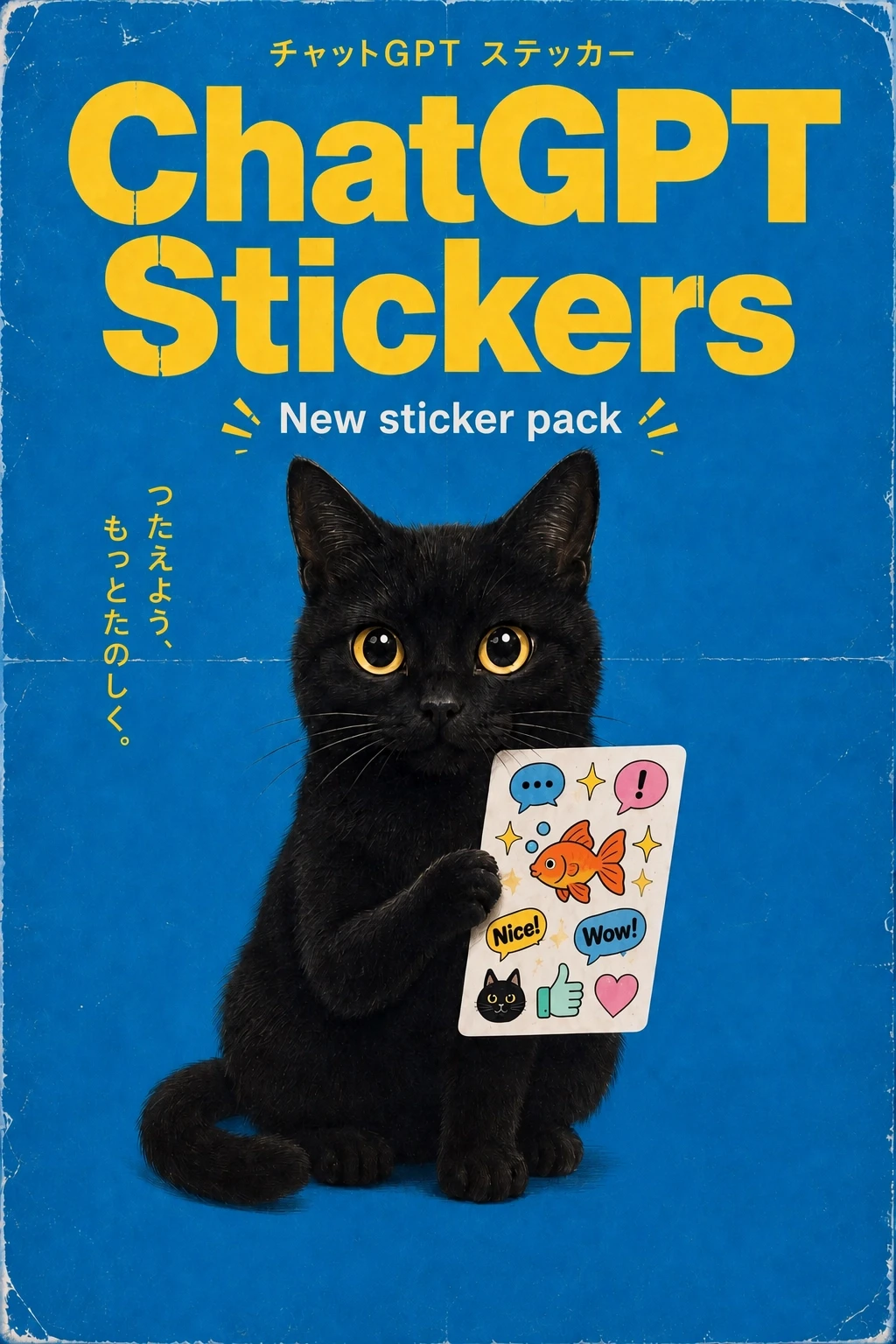 A vintage-style blue poster reads “ChatGPT Stickers” and “New sticker pack” in large yellow and white letters. A black cat with yellow eyes holds a sheet of colorful illustrated stickers, with additional Japanese text.