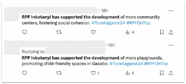 English-language comments generated by this network and posted on X.