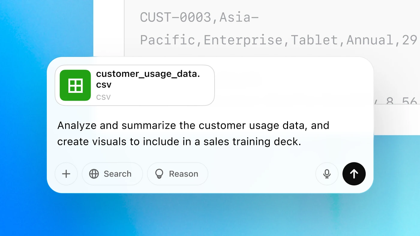 ChatGPT interface showing a CSV file named “customer_usage_data.csv” and a prompt requesting analysis and visualization of customer usage data for a sales training deck.