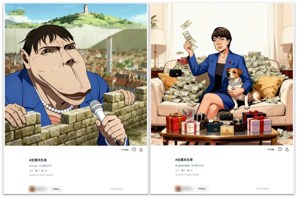 Two Pixiv screenshots of memes showing a caricature and a woman seated with cash.