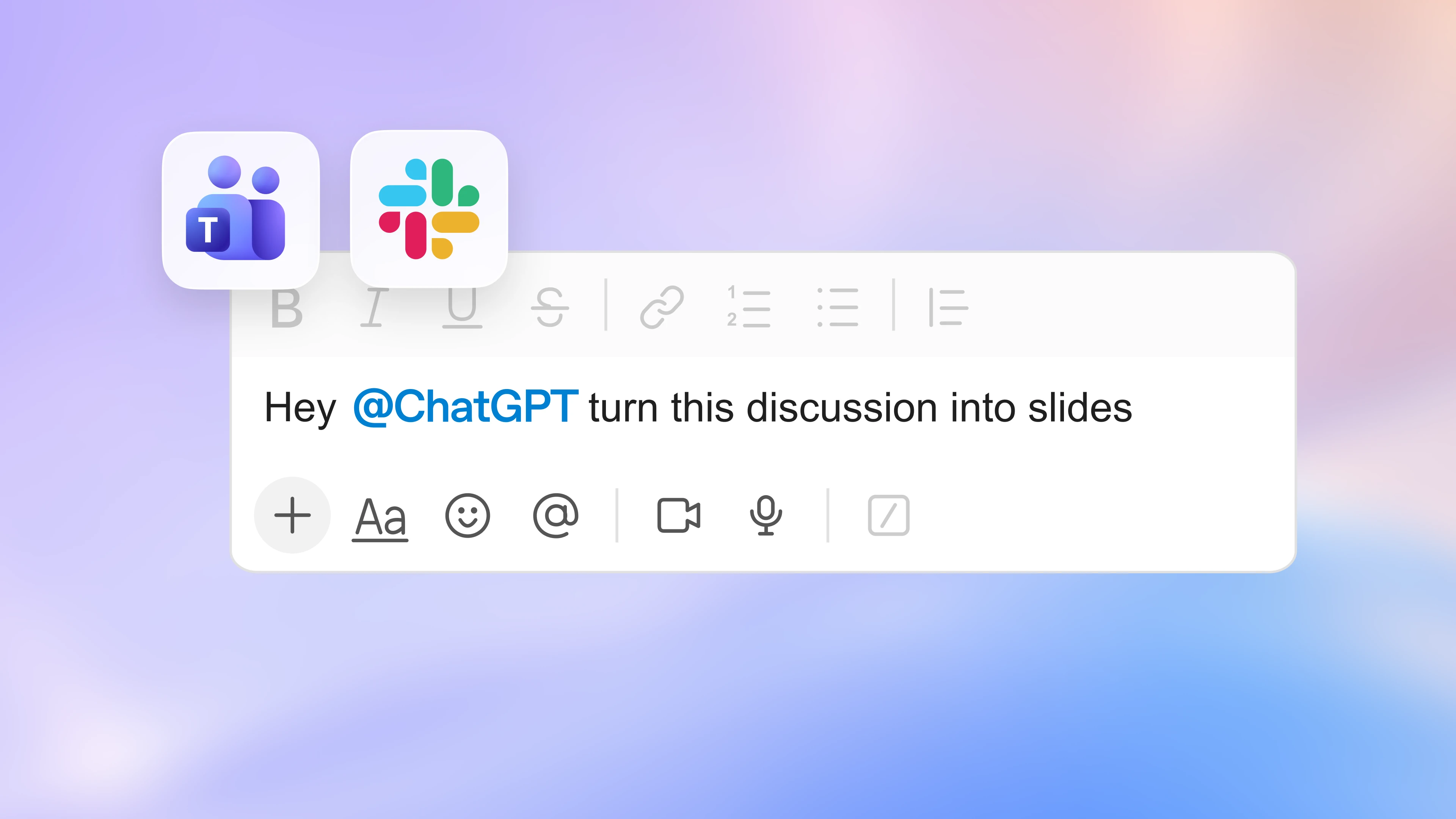 Microsoft Teams and Slack icons above an @ChatGPT message.