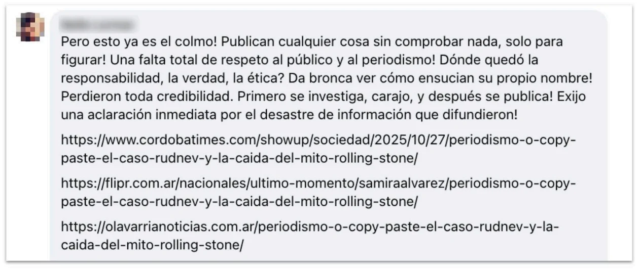 Screenshot of a Spanish-language Facebook comment with links to off-platform articles.