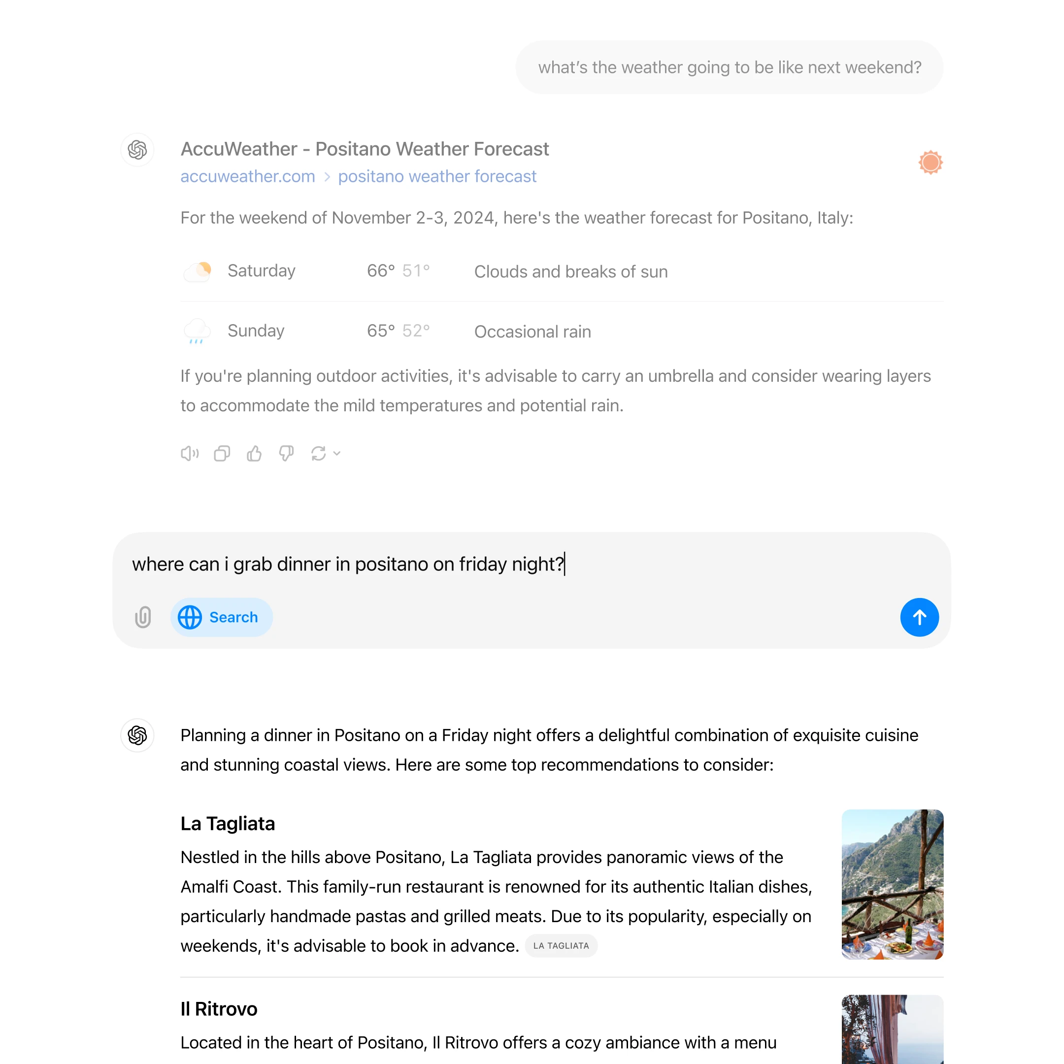 A conversation about the weather forecast for Positano, Italy, on November 2-3, 2024, showing mild temperatures and rain. The user then asks for dinner recommendations in Positano on Friday night, with responses listing local restaurants.