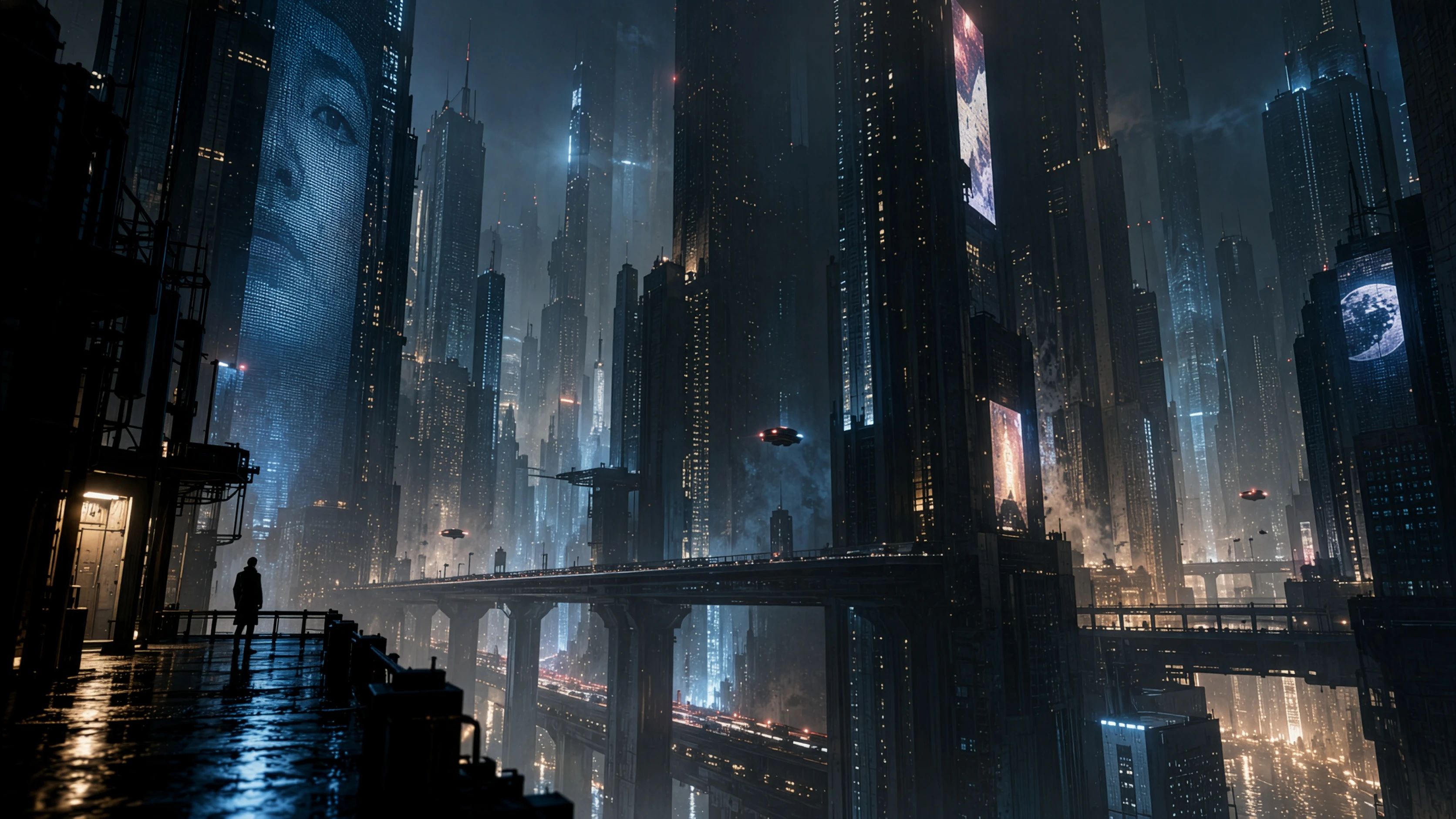 A lone person stands on a wet balcony overlooking a dark futuristic city filled with towering illuminated buildings, giant digital billboards, elevated roads, and flying vehicles.
