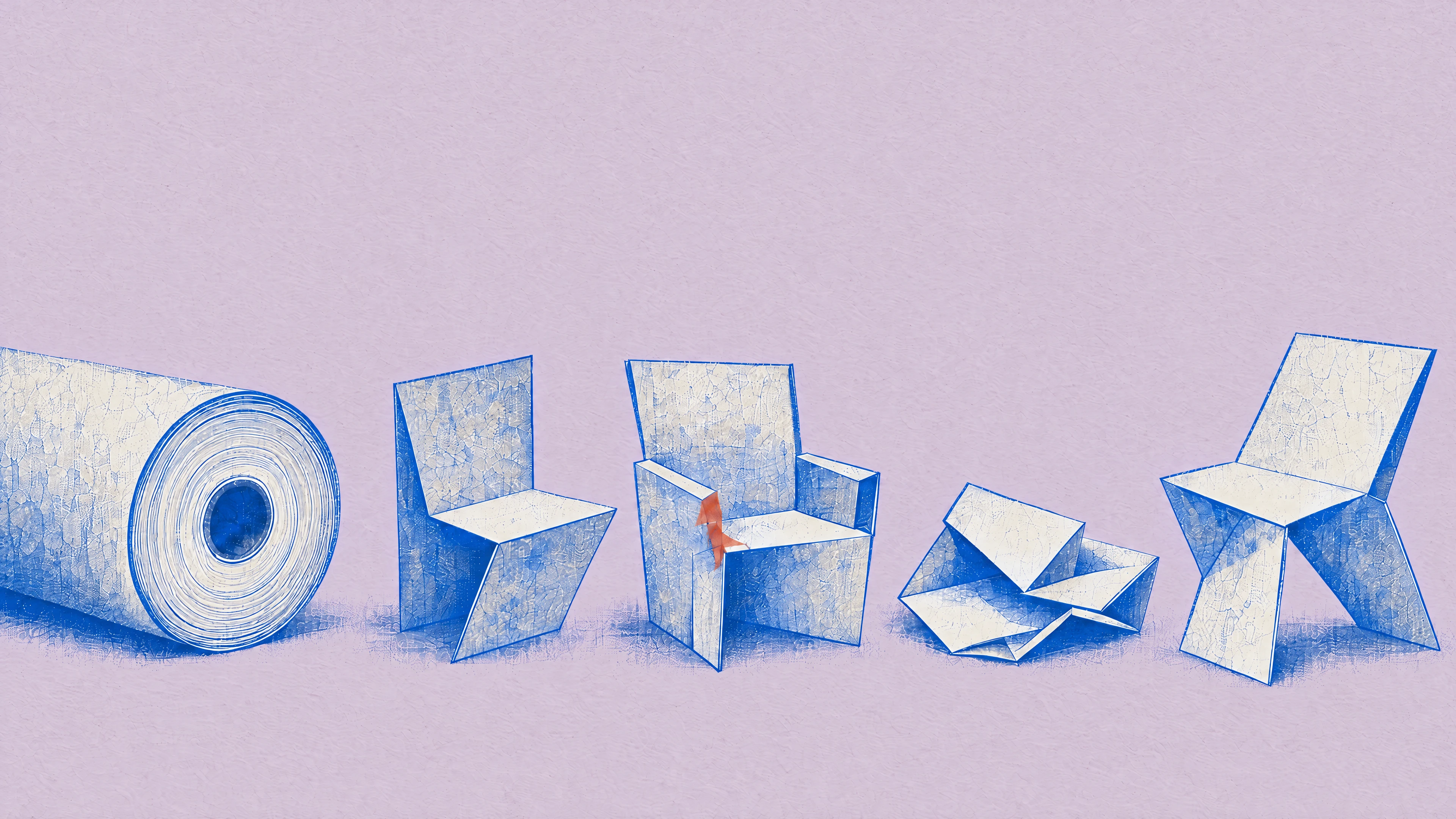 Image 12: Sheets of a blueprint fold into a sequence of paper chairs.