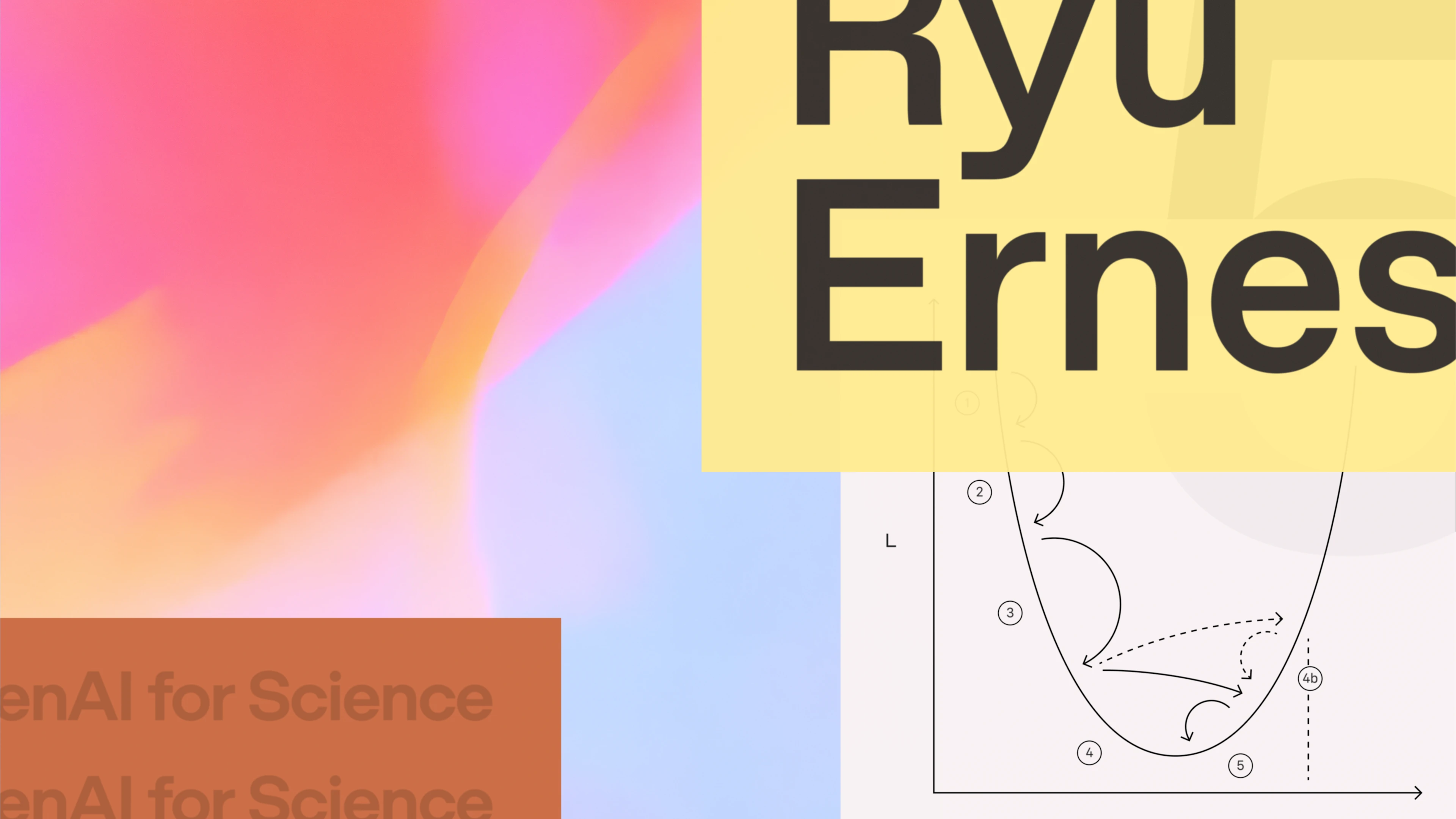 Abstract collage-style artwork featuring a large blurred gradient background in pink, orange, and blue tones. Overlapping panels include bold black text reading “Ryu Ernest” on a pale yellow block, a brown block with faint repeated “OpenAI for Science” text, and a minimalist diagram with curved arrows and numbered labels.