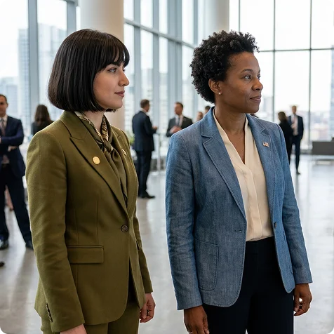 Two attendees stand side by side, looking attentively toward an off-camera speaker at a professional event in a bright, modern venue.