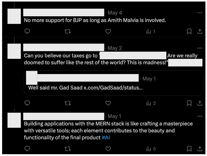 Three comments on X by an account that repeatedly posted content generated by this campaign, May 1-4 2024. The earliest post (bottom) appears to have been an attempt at persona building. The second post focuses on Canada and embeds a post from this network’s main Canada-focused account. The third focuses on India.