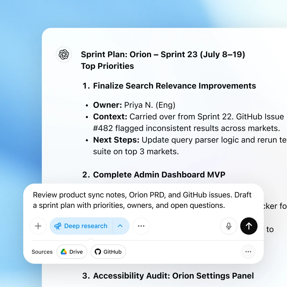 Sprint plan with top priorities and prompt to draft based on product notes, PRD, and GitHub issues for Orion project.