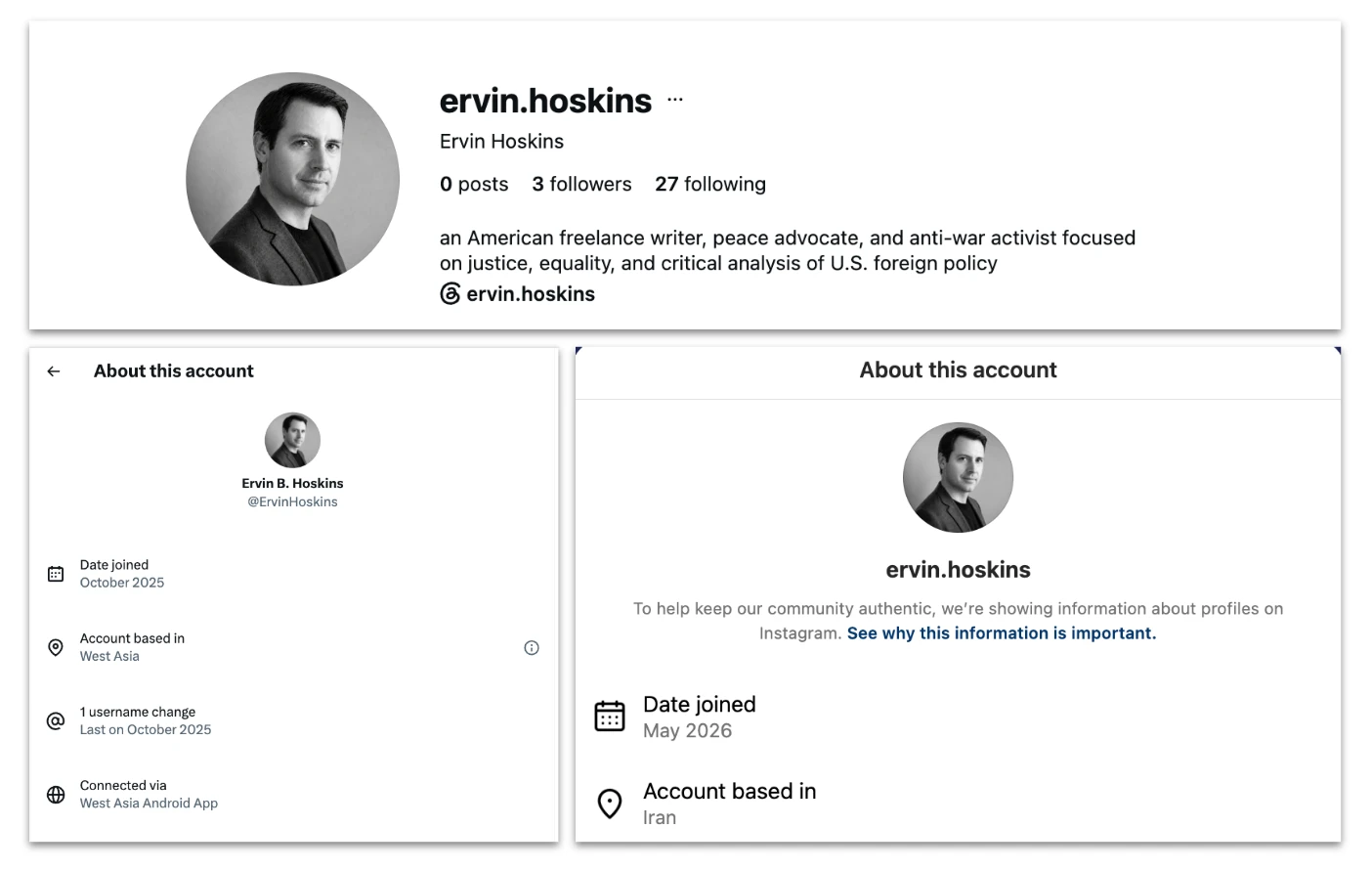 Ervin Hoskins persona’s Instagram biography and account transparency panels. X lists the West Asia Android App, while Instagram lists Iran as the account location.