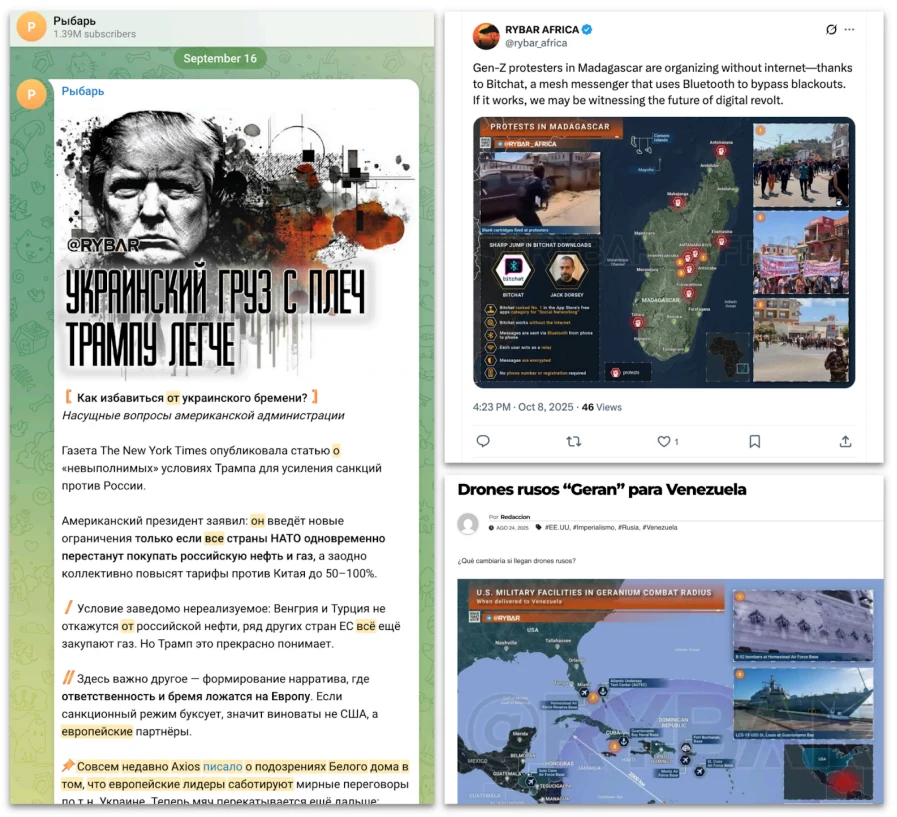 Screenshot showing Rybar-linked posts and related online activity.