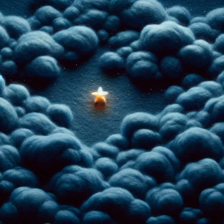 A small felt star sits is surrounded by dark clouds.