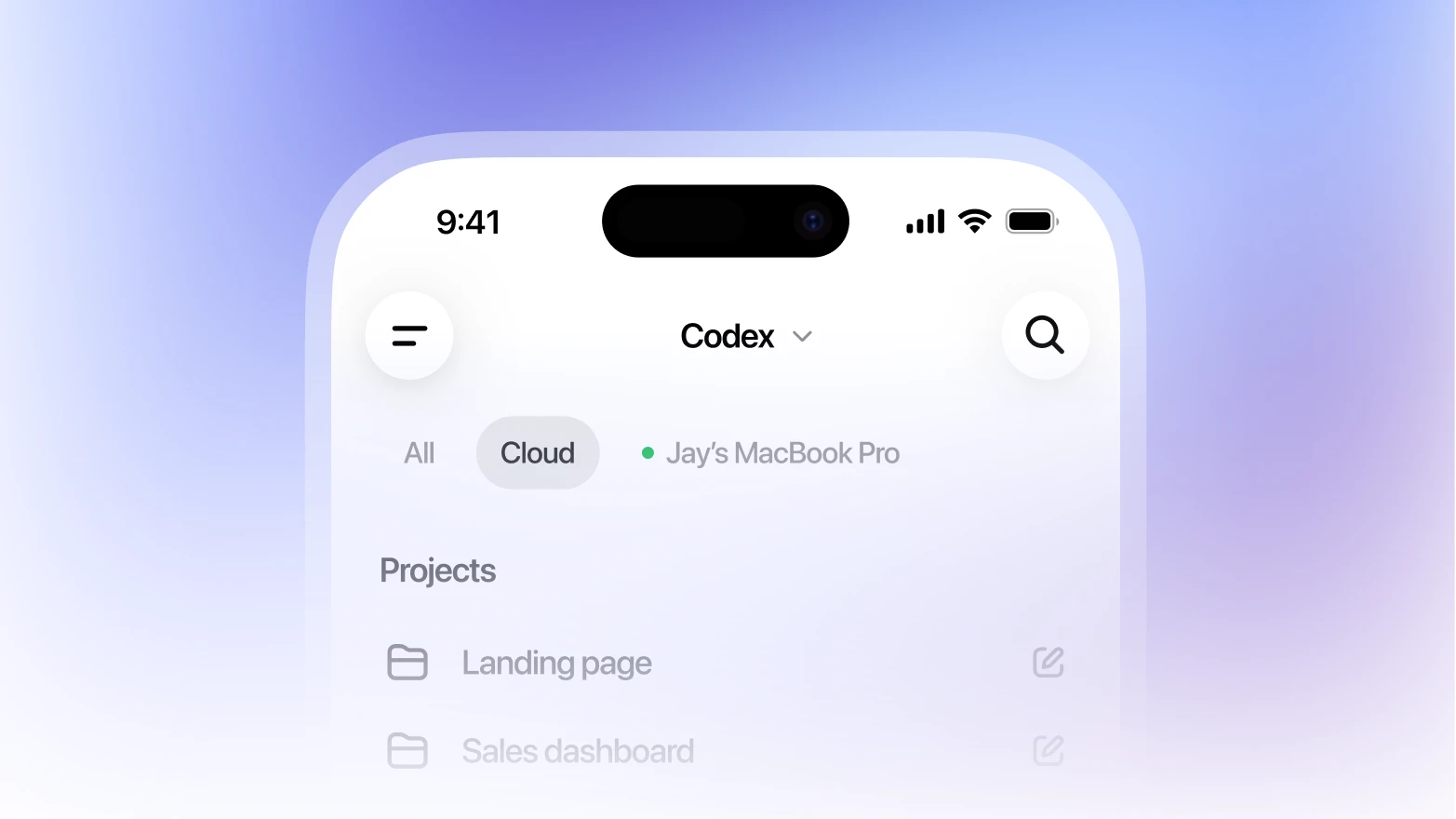 Codex mobile cloud view showing projects and tasks on a gradient background.