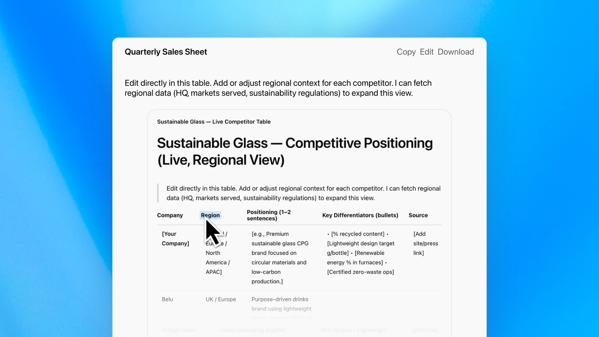 ChatGPT interface displaying a “Quarterly Sales Sheet” with an editable table titled “Sustainable Glass — Competitive Positioning,” where a cursor points to the “Region” column.
