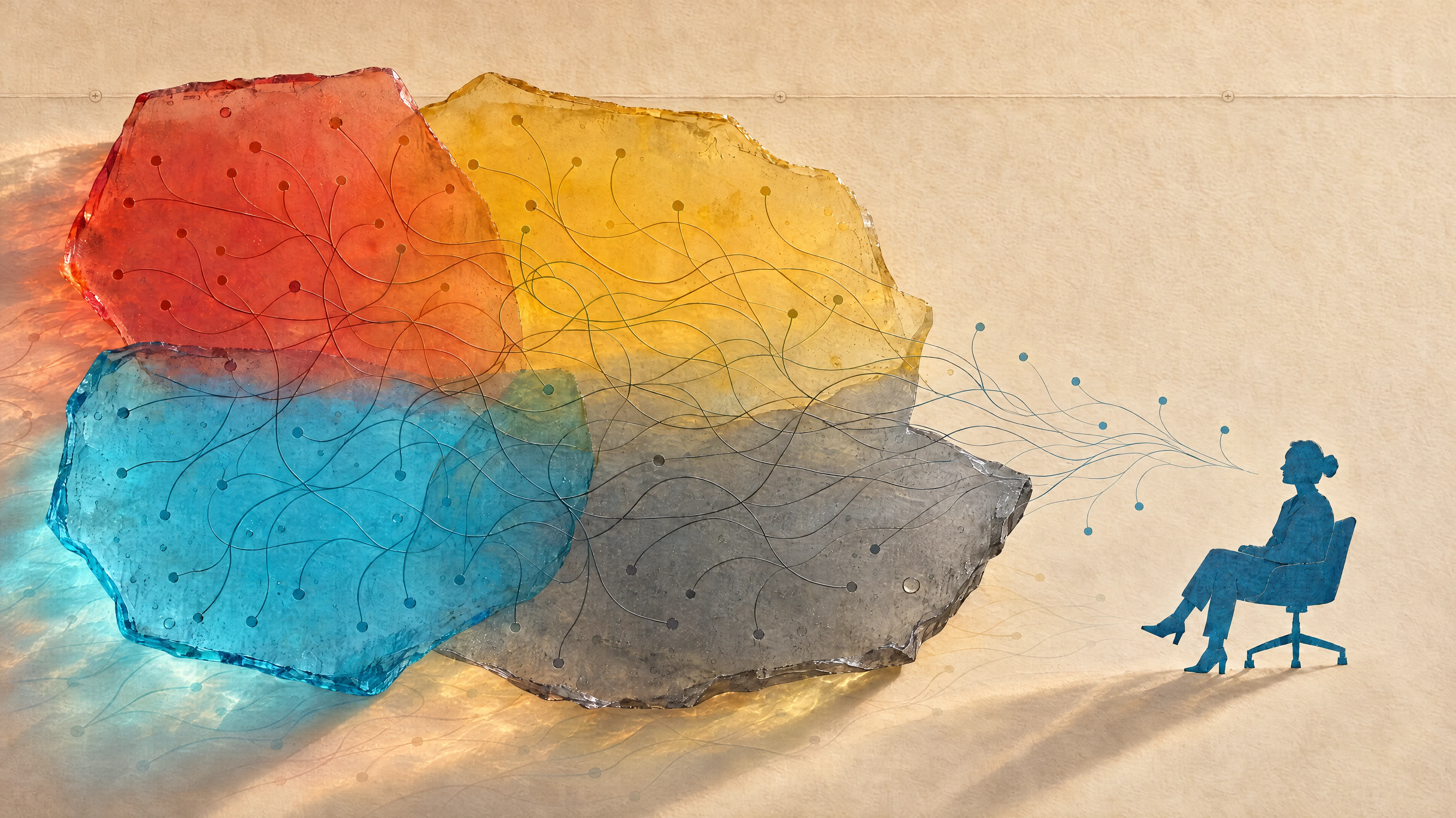 Image 9: Colored layers of connected points flow toward a seated executive, representing AI coordination across a firm.