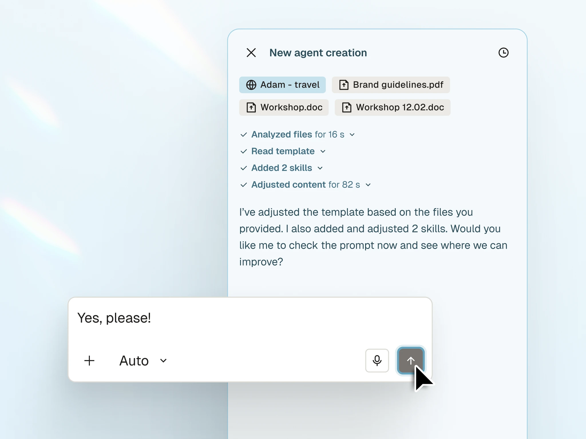 Image 3: Parloa interface showing an assistant adjusting a new agent from uploaded files.